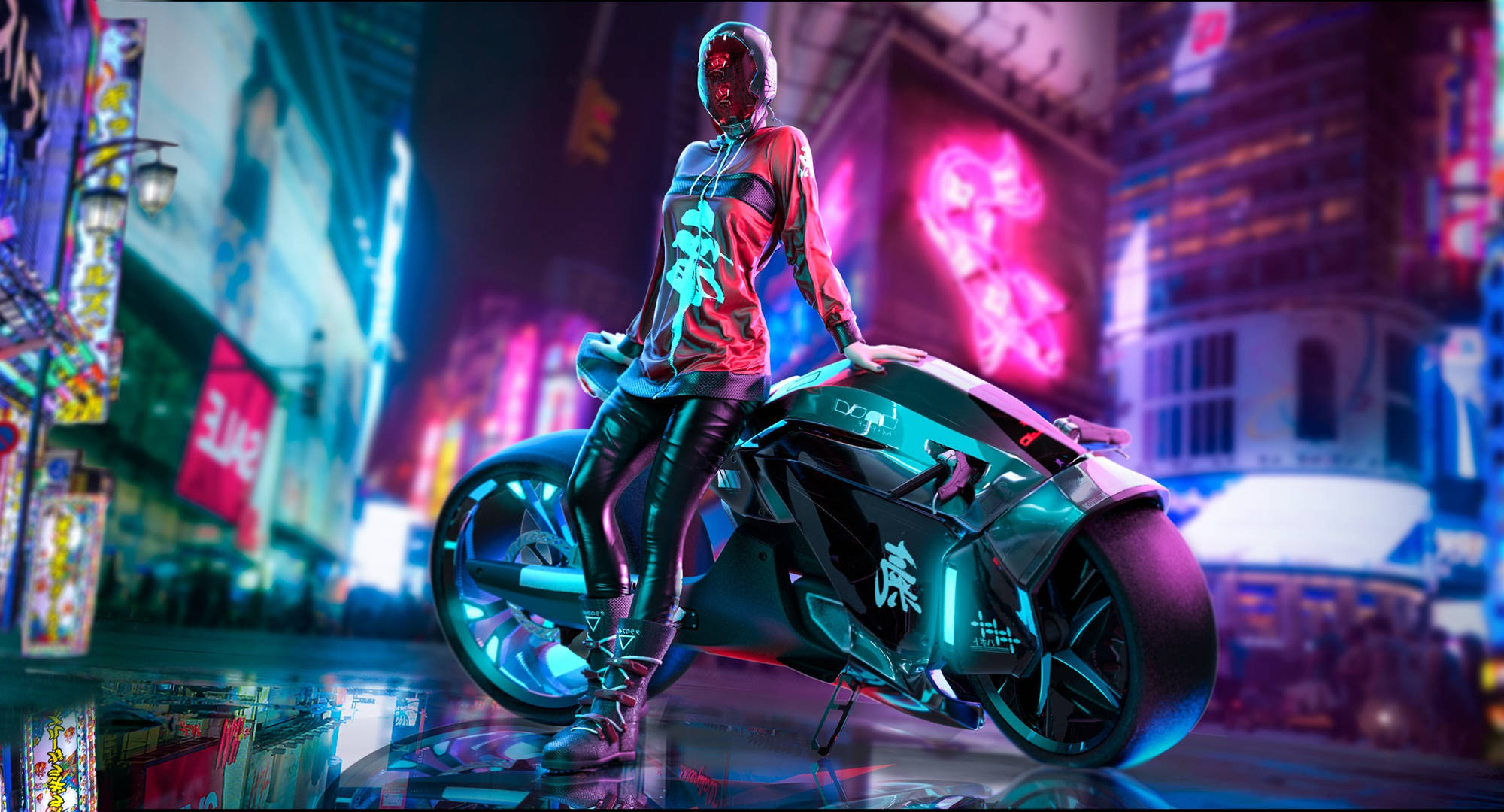 1920 X 1080 Game Thủ Nữ Cyberpunk Với Xe Mô Tô Hình nền