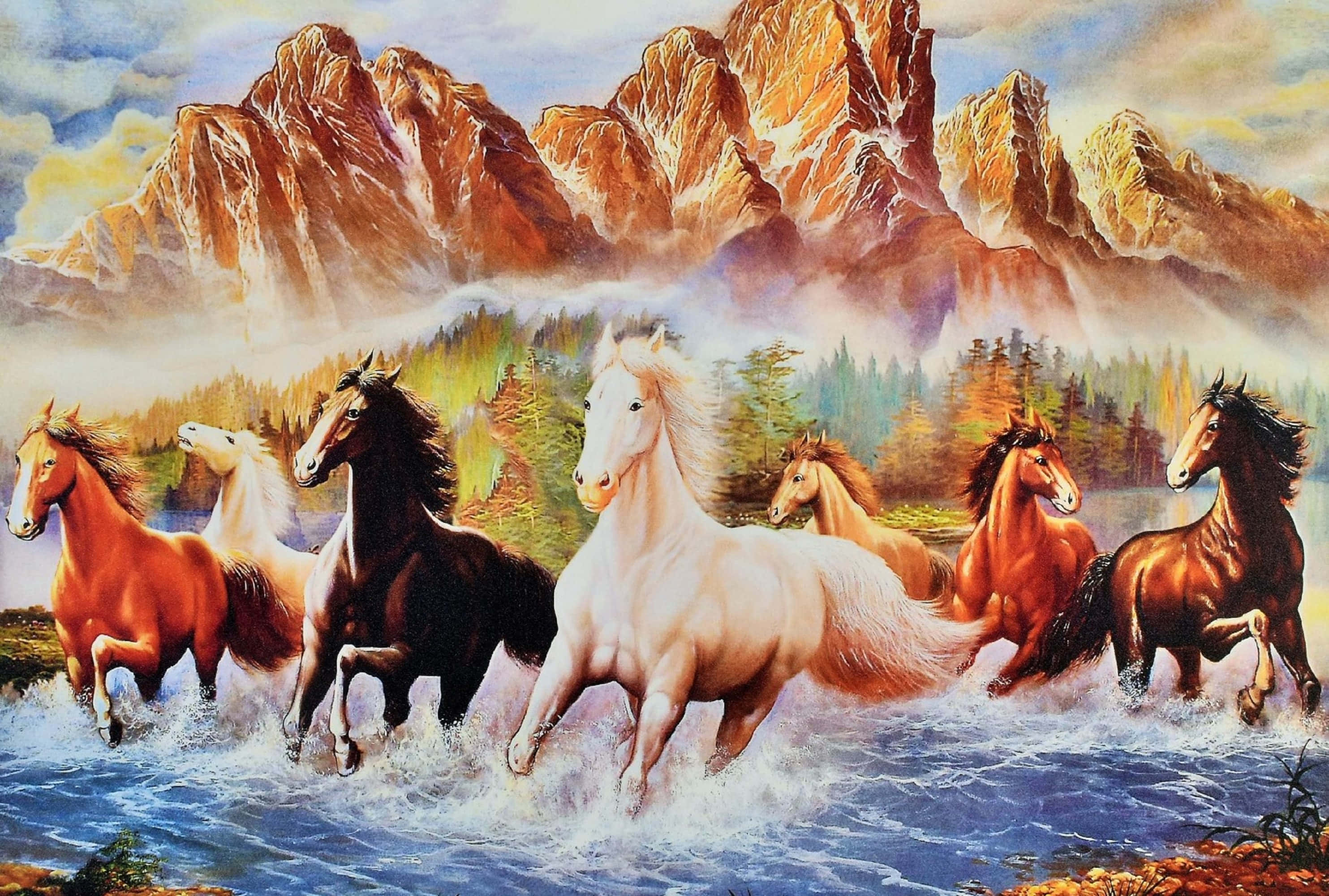 7 Chú Ngựa Đi Qua Sông Hình nền