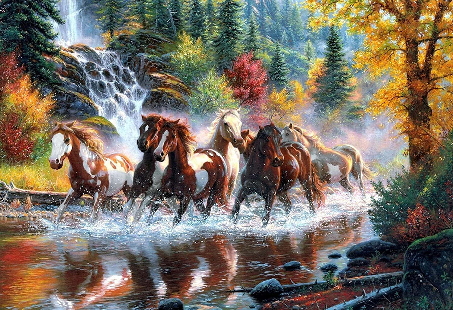 7 Chú Ngựa Đi Qua Dòng Sông Trong Rừng Hình nền