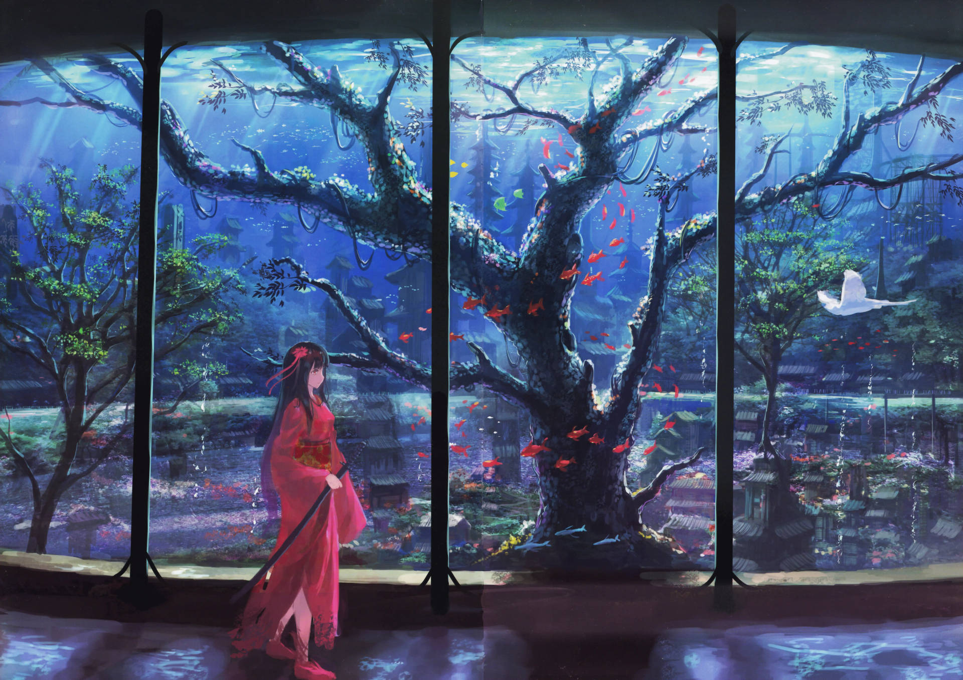 8K Anime Kimono Và Hồ Cá