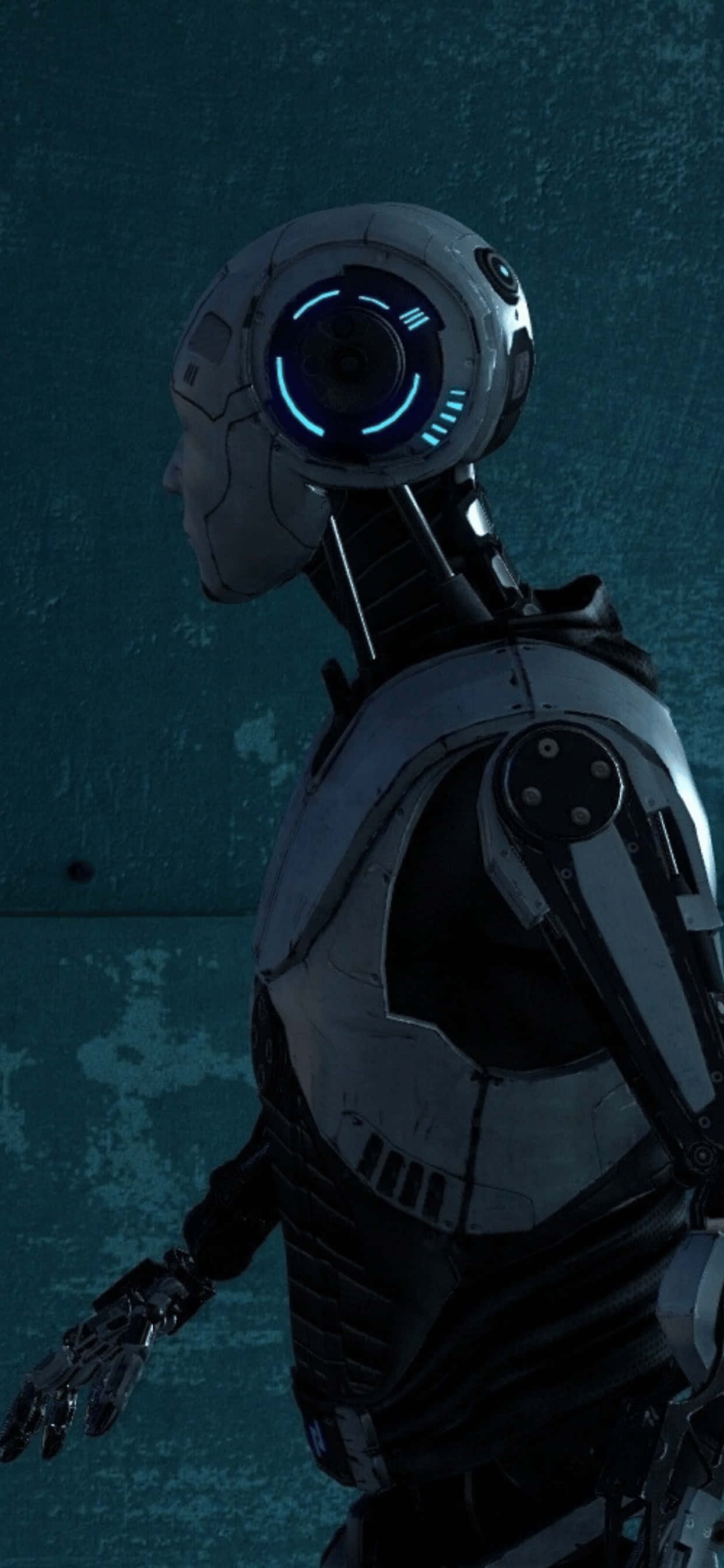 a robot with blue eyes is standing in front of a blue wall Hình nền