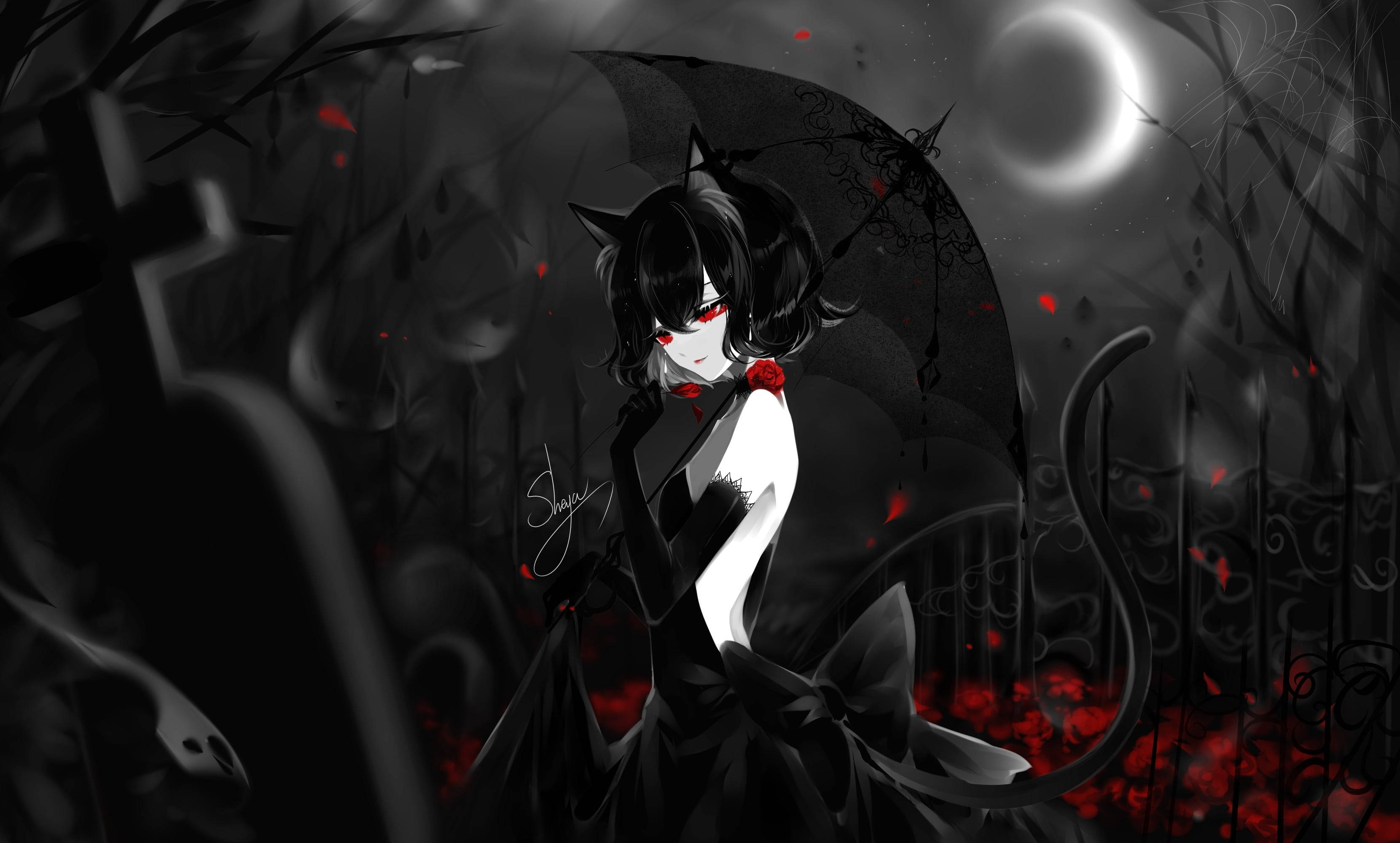 Ảnh đại diện anime cô gái mèo dễ thương đen trắng Hình nền