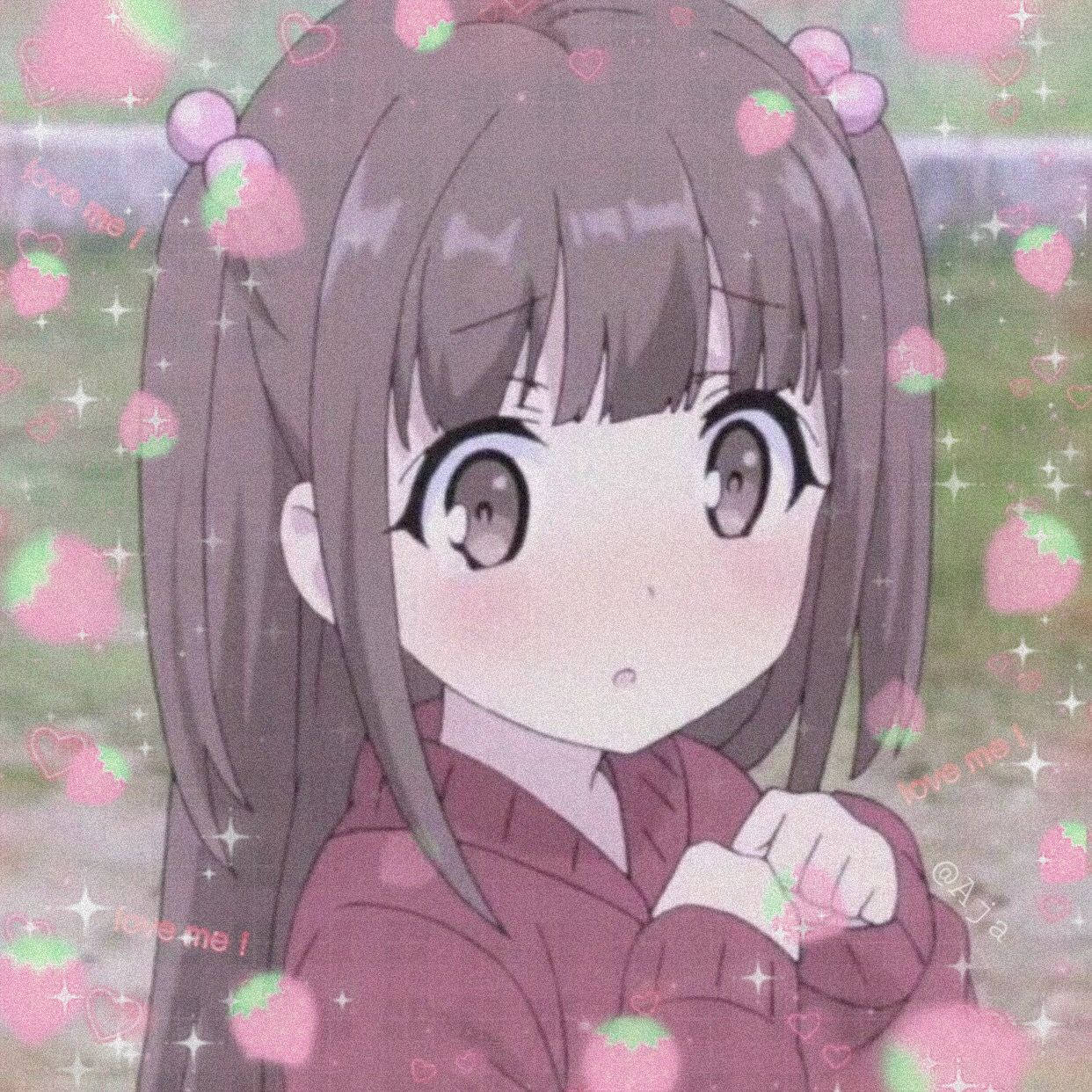 Ảnh đại diện anime nữ dễ thương Onnanoko với dâu tây và trái tim Hình nền