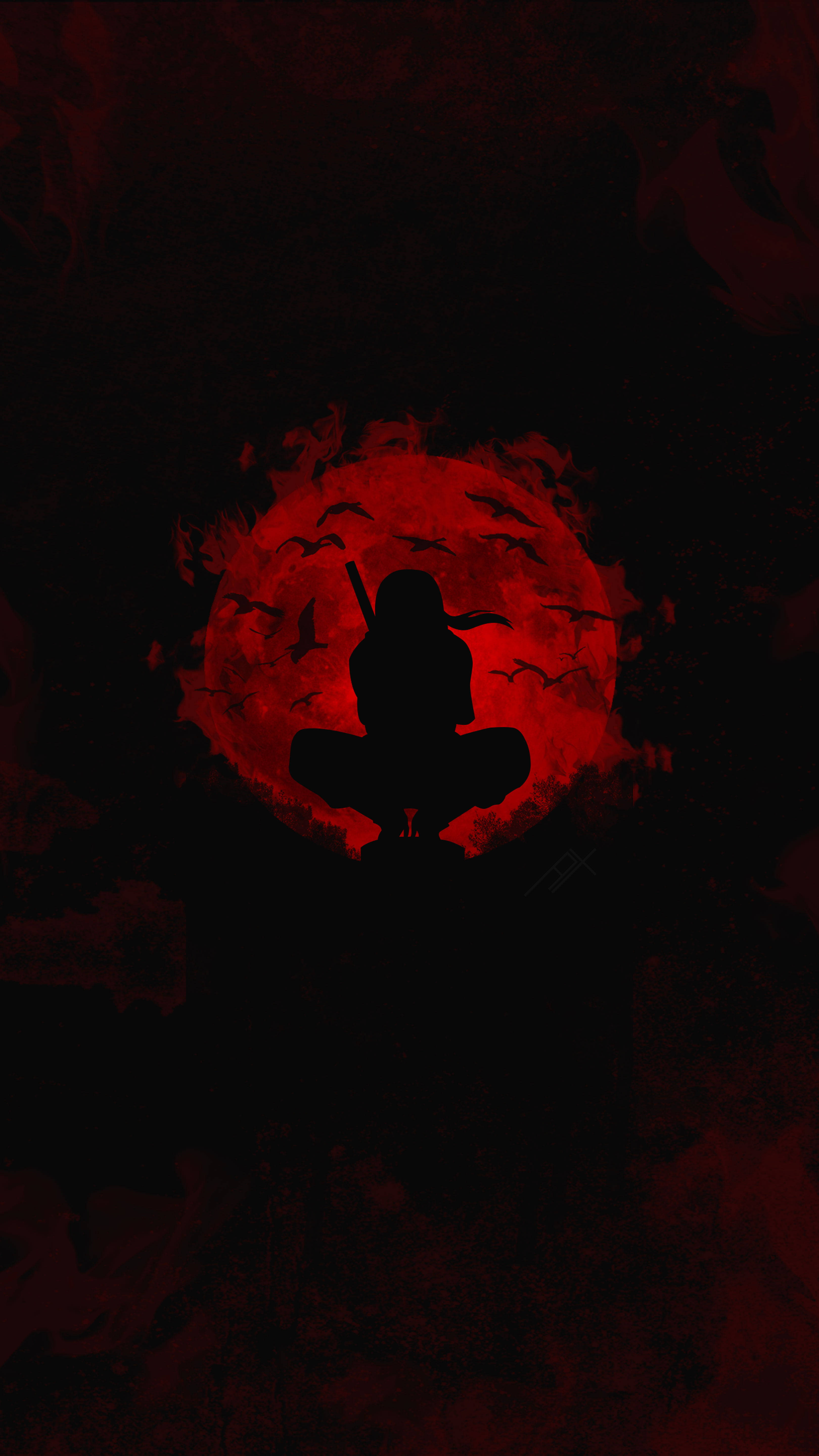 Ảnh đại diện ninja anime Uchiha Itachi với mặt trăng đỏ và bóng đen Hình nền