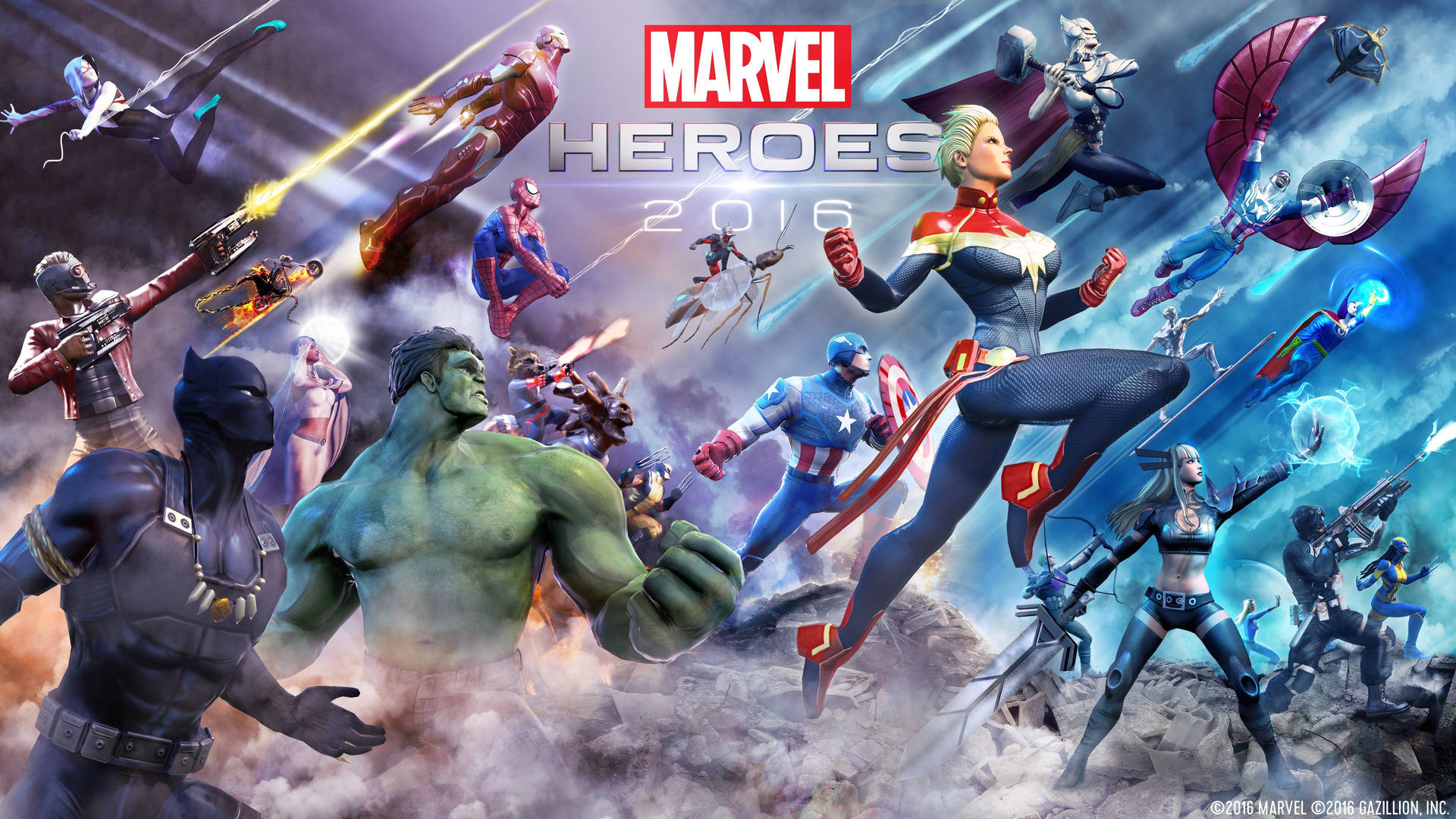 Các siêu anh hùng Marvel 2016 nhìn lên trong khi tấn công kẻ thù.