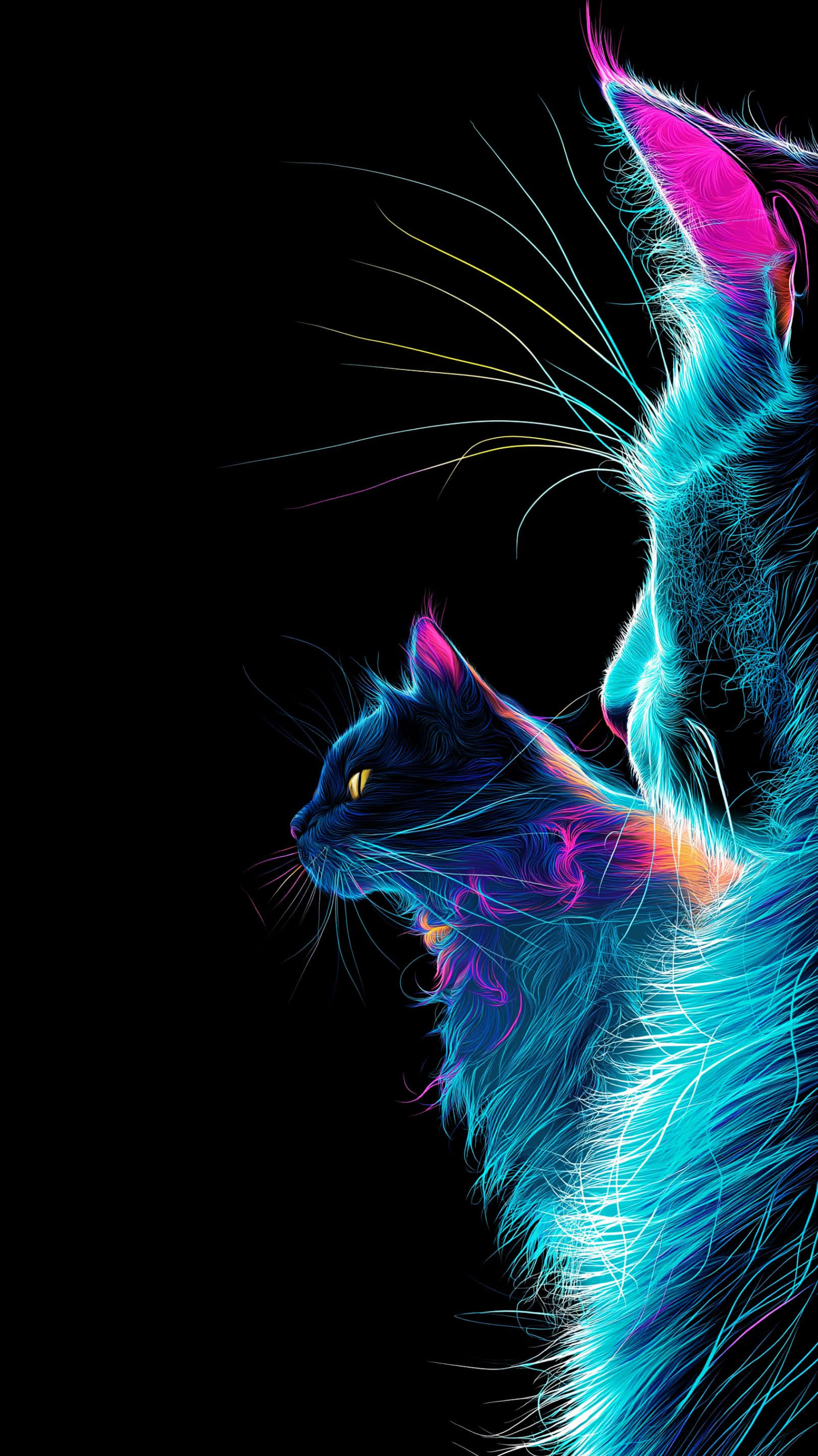 Ánh sáng neon rực rỡ của đôi mèo huyền bí trên nền tối Hình nền