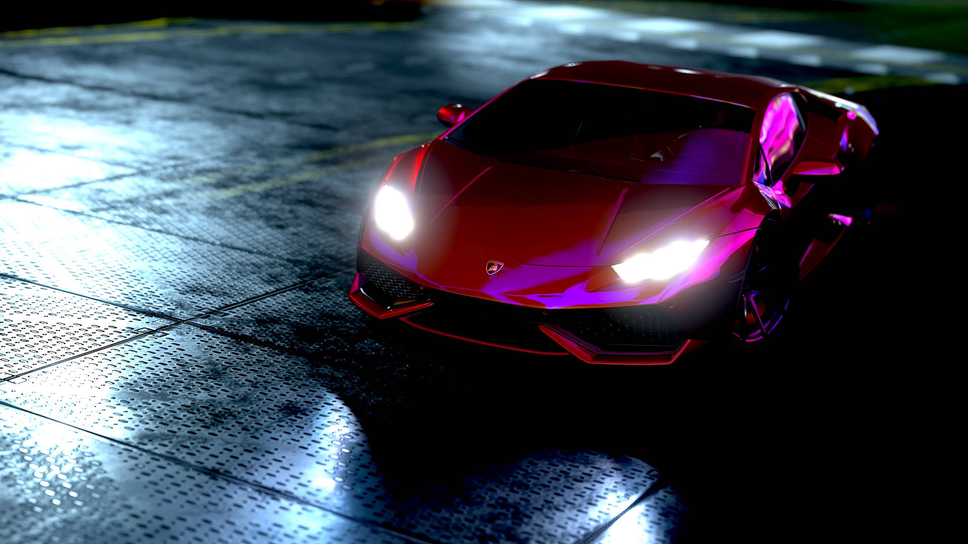 Hình nền Lamborghini Huracan đỏ trên nền đèn neon.