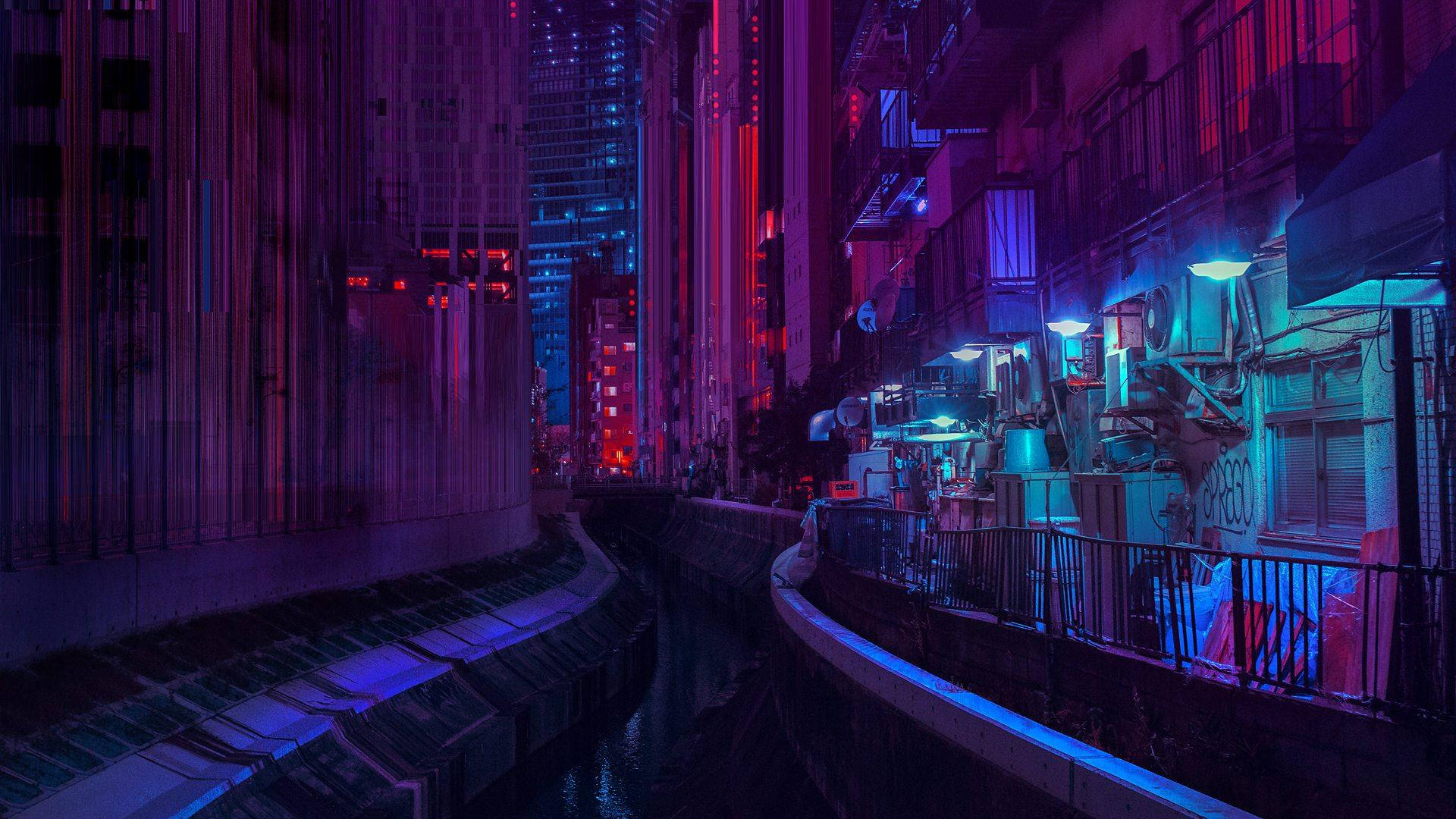 Ánh sáng thành phố Tokyo phong cách anime tím Hình nền