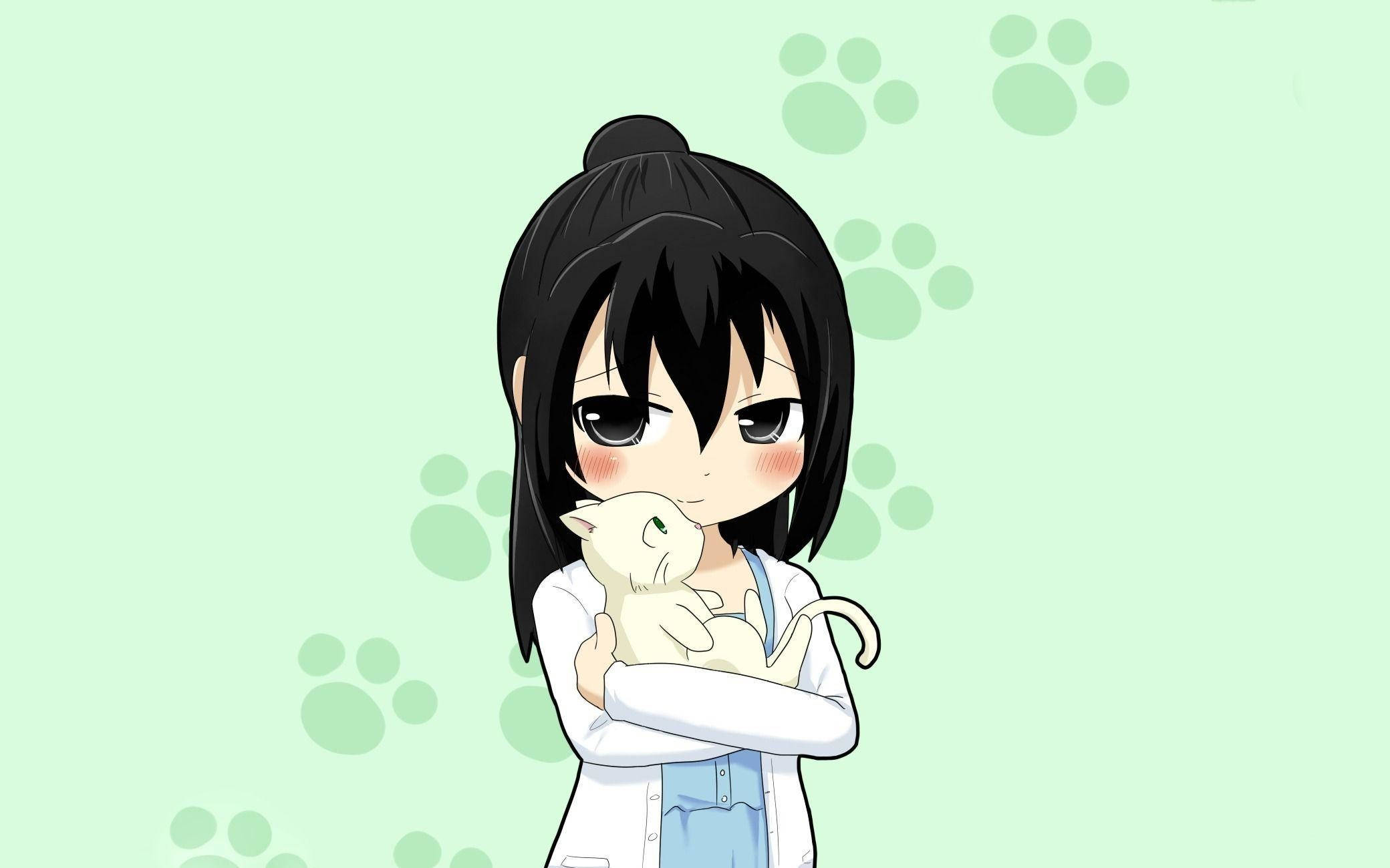 Anime bé gái với mèo trắng Hình nền