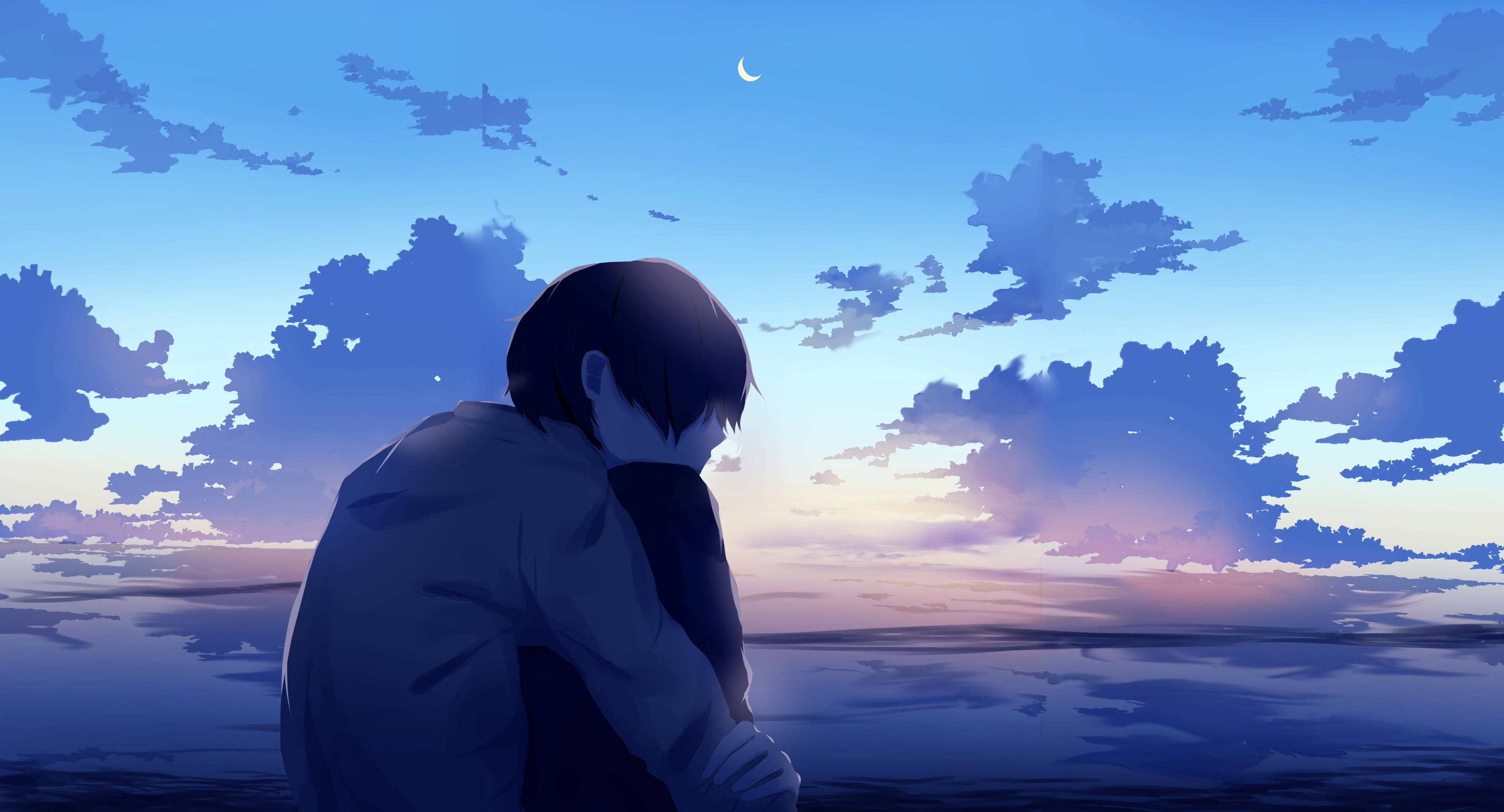 Anime Boy Buồn Ngồi 4K Hình nền