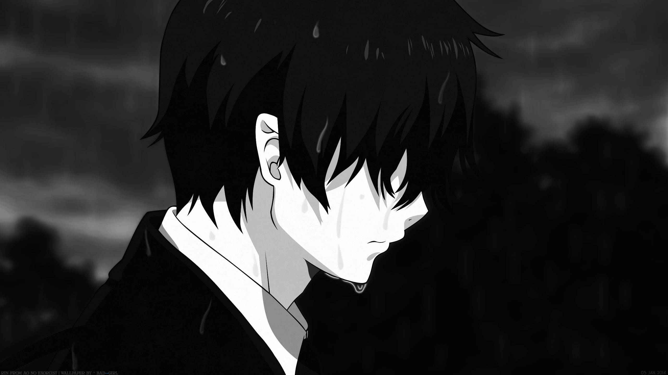 Anime Buồn Đen Trắng Với Chàng Trai Rơi Lệ Hình nền