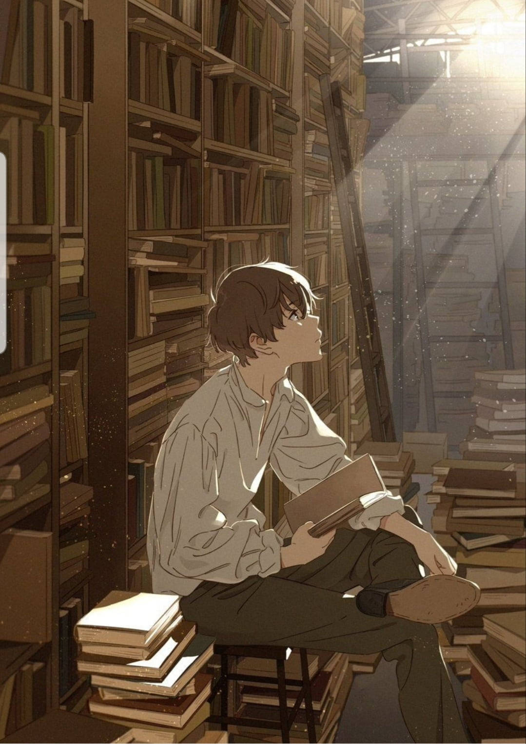Anime chàng trai ngồi trên đống sách Hình nền