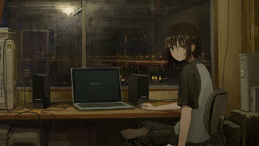Anime Laptop Bên Cảnh Thành Phố Mưa Hình nền