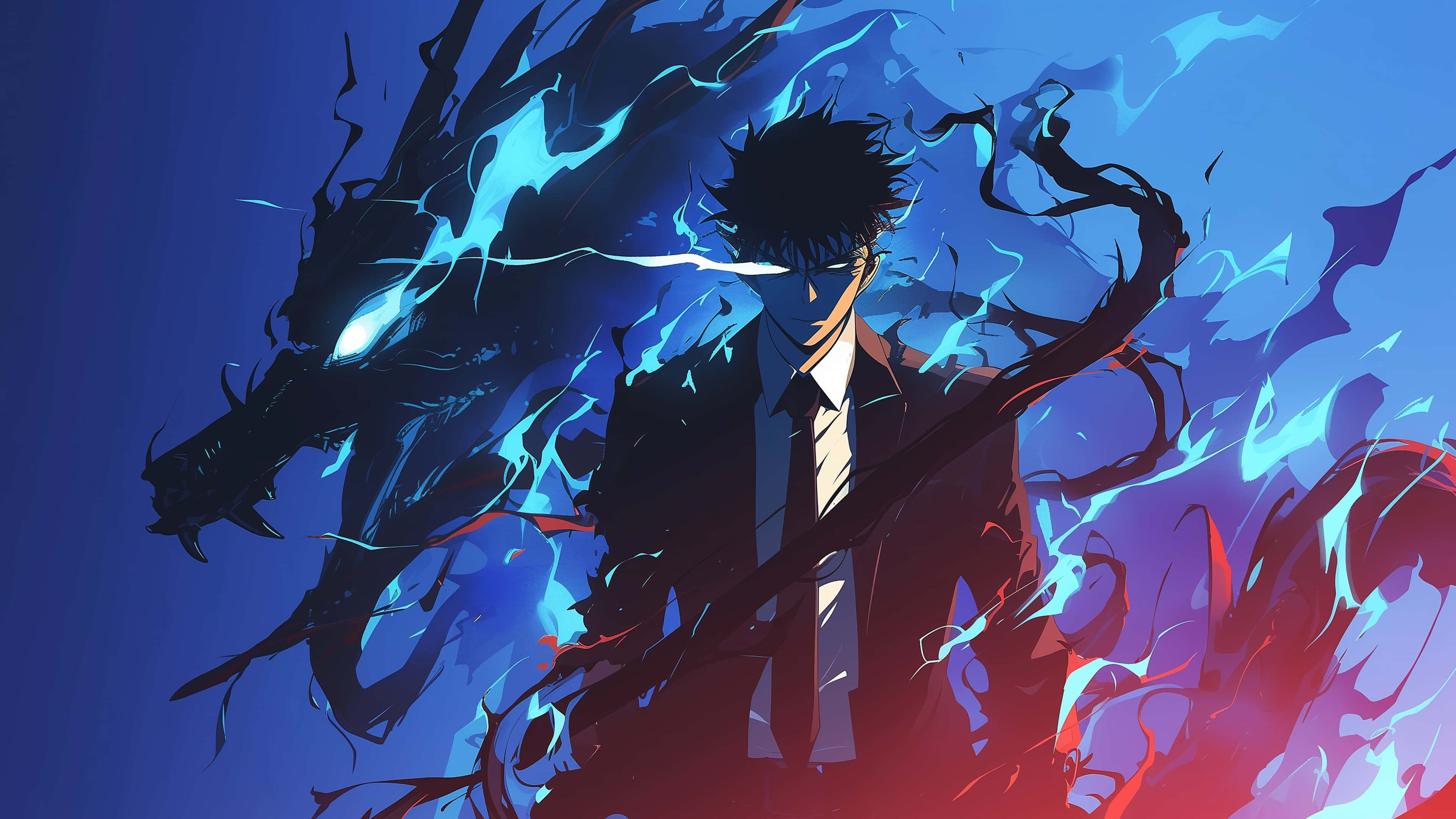 Anime nam chính với hào quang sấm sét xanh 4K Hình nền