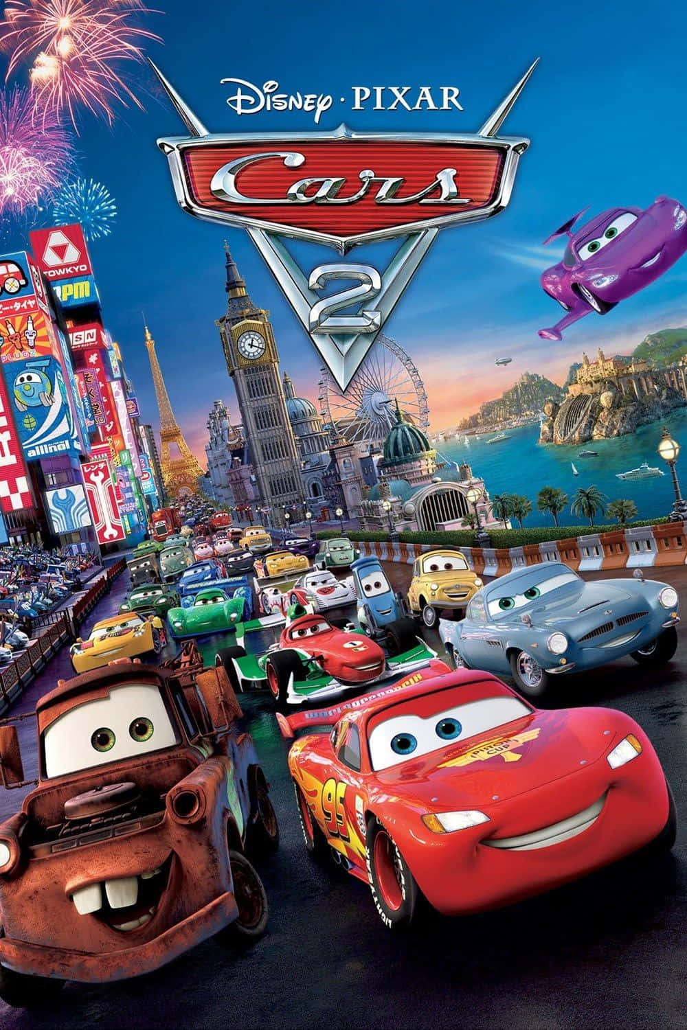 Áp phích phim Cars 2 với những chiếc xe và pháo hoa Hình nền