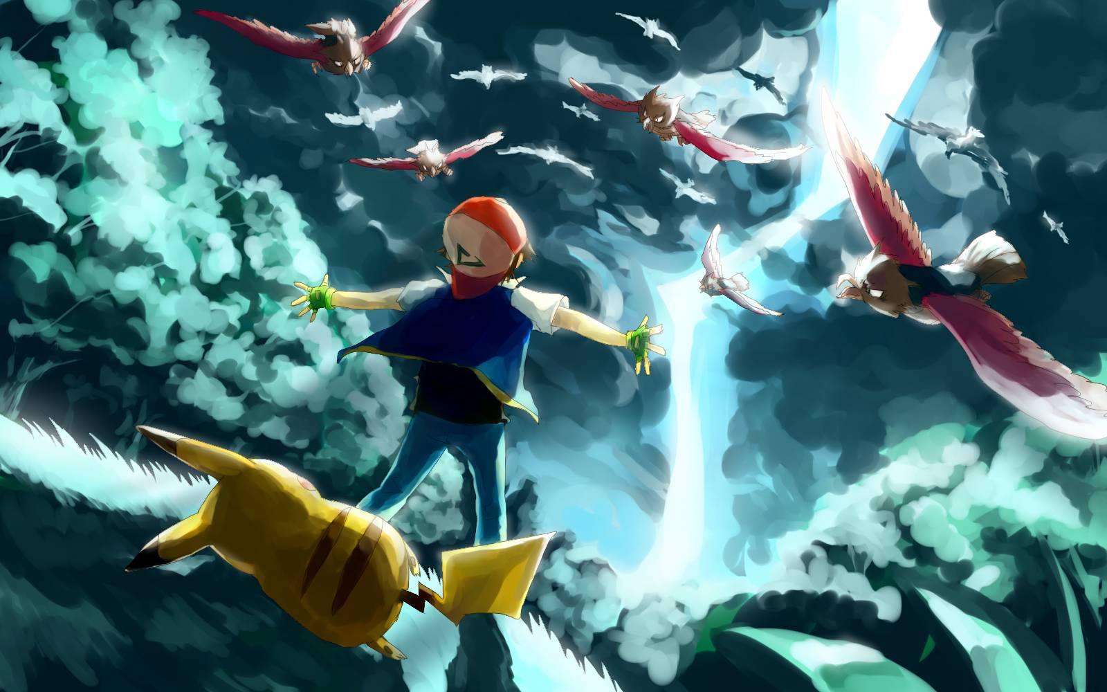 Ash bảo vệ Pikachu khỏi kẻ thù hoặc Pokemon xấu trong một khu rừng khi sấm sét đang đánh.