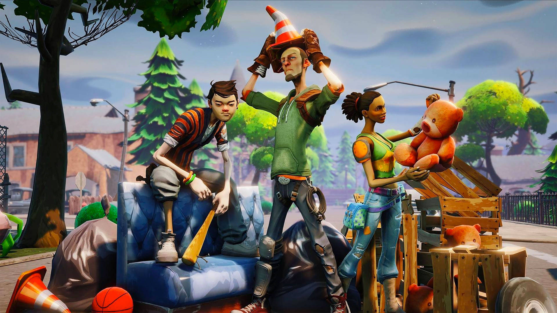 Ba nhân vật từ Fortnite tạo dáng trên đường phố hình nền HD.