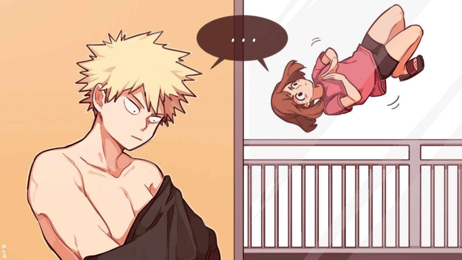 Bakugo dễ thương thay áo có Ochako nhìn Hình nền