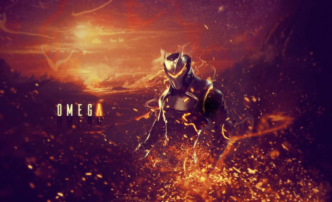 Hình nền nền dung nham rực lửa và skin Omega trong Fortnite.