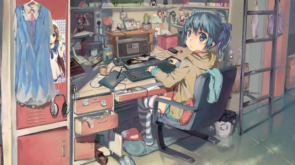 Bàn làm việc laptop bừa bộn trong anime Hình nền