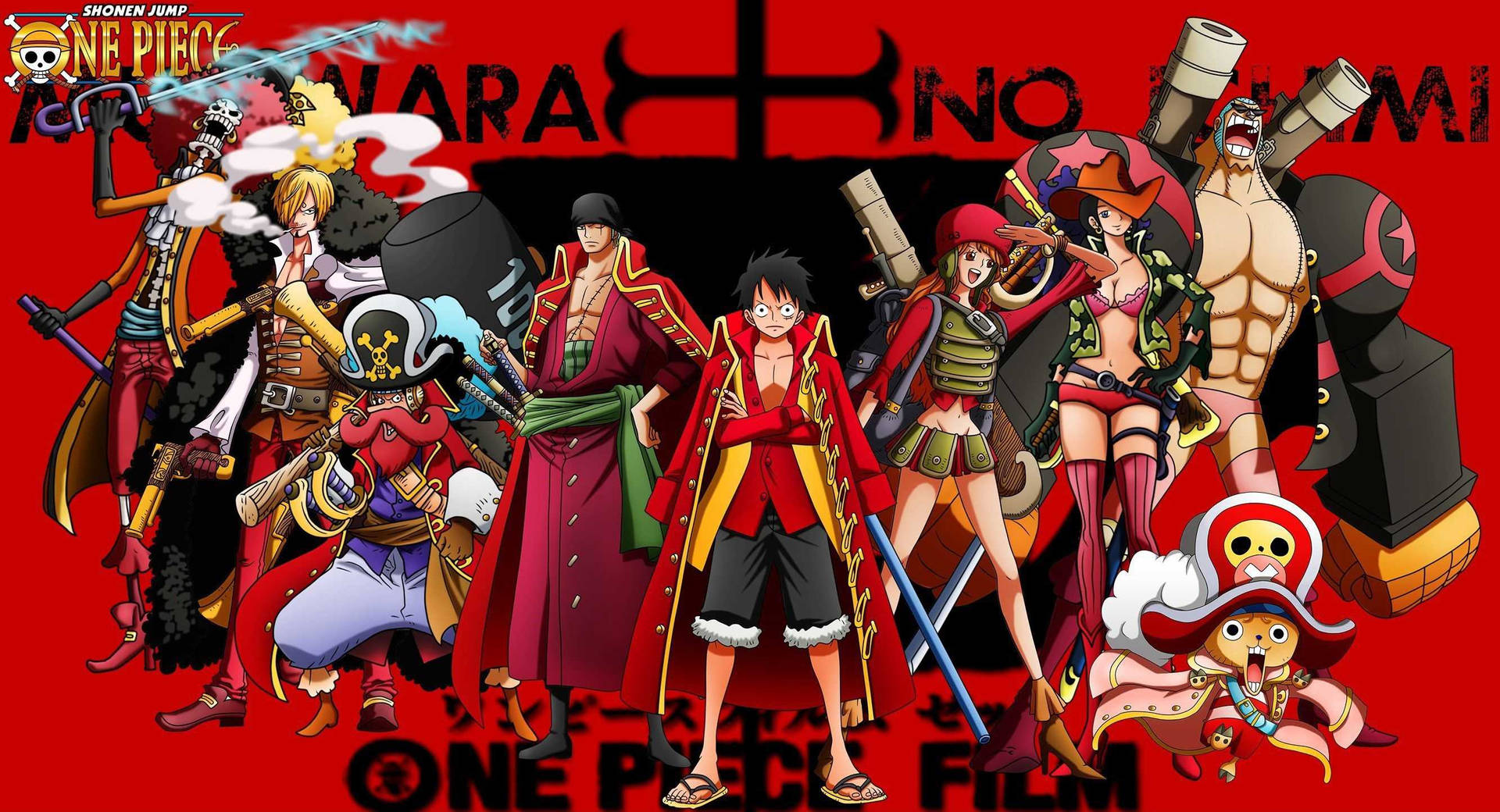 Luffy và băng Mũ Rơm trong hình nền One Piece đỏ và đen.