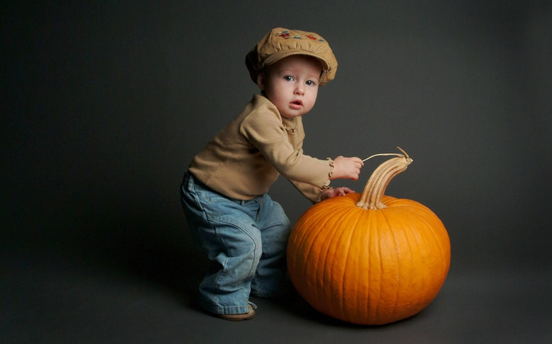 Bé mặc mũ chài dễ thương bên quả bí ngô Halloween Hình nền