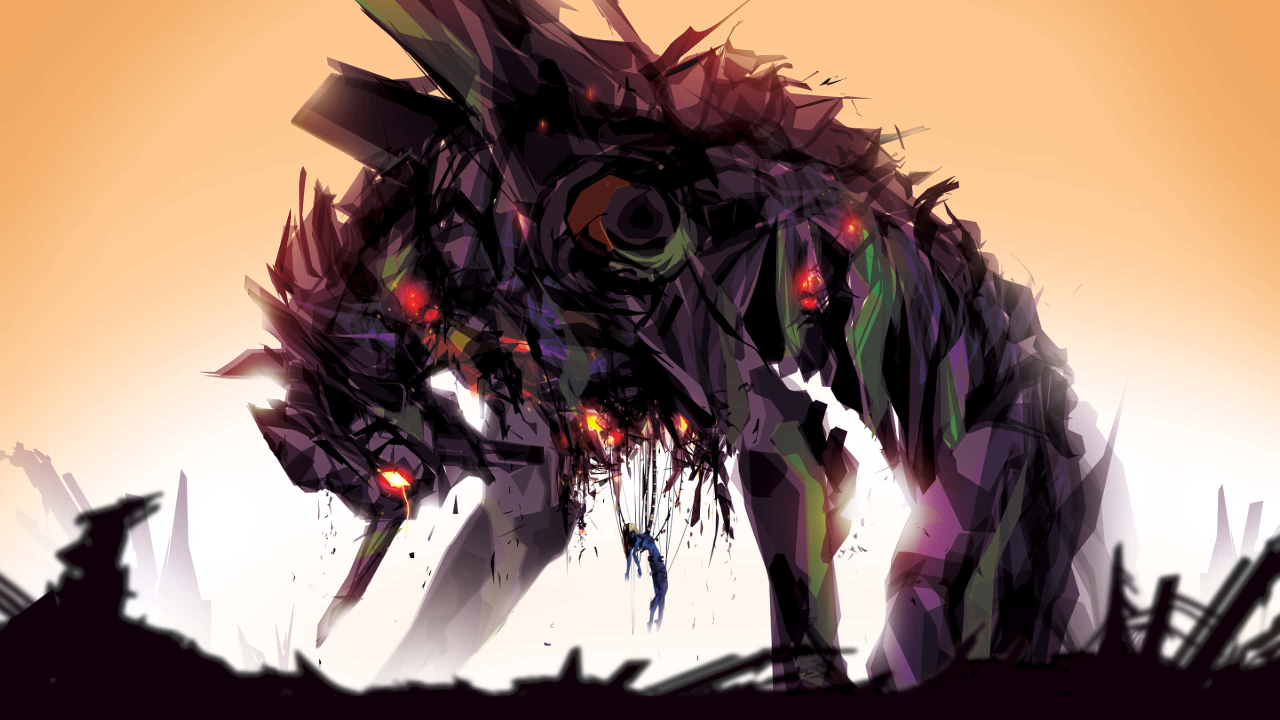 Biểu tượng Mecha của Neon Genesis Evangelion trước bầu trời hoàng hôn Hình nền