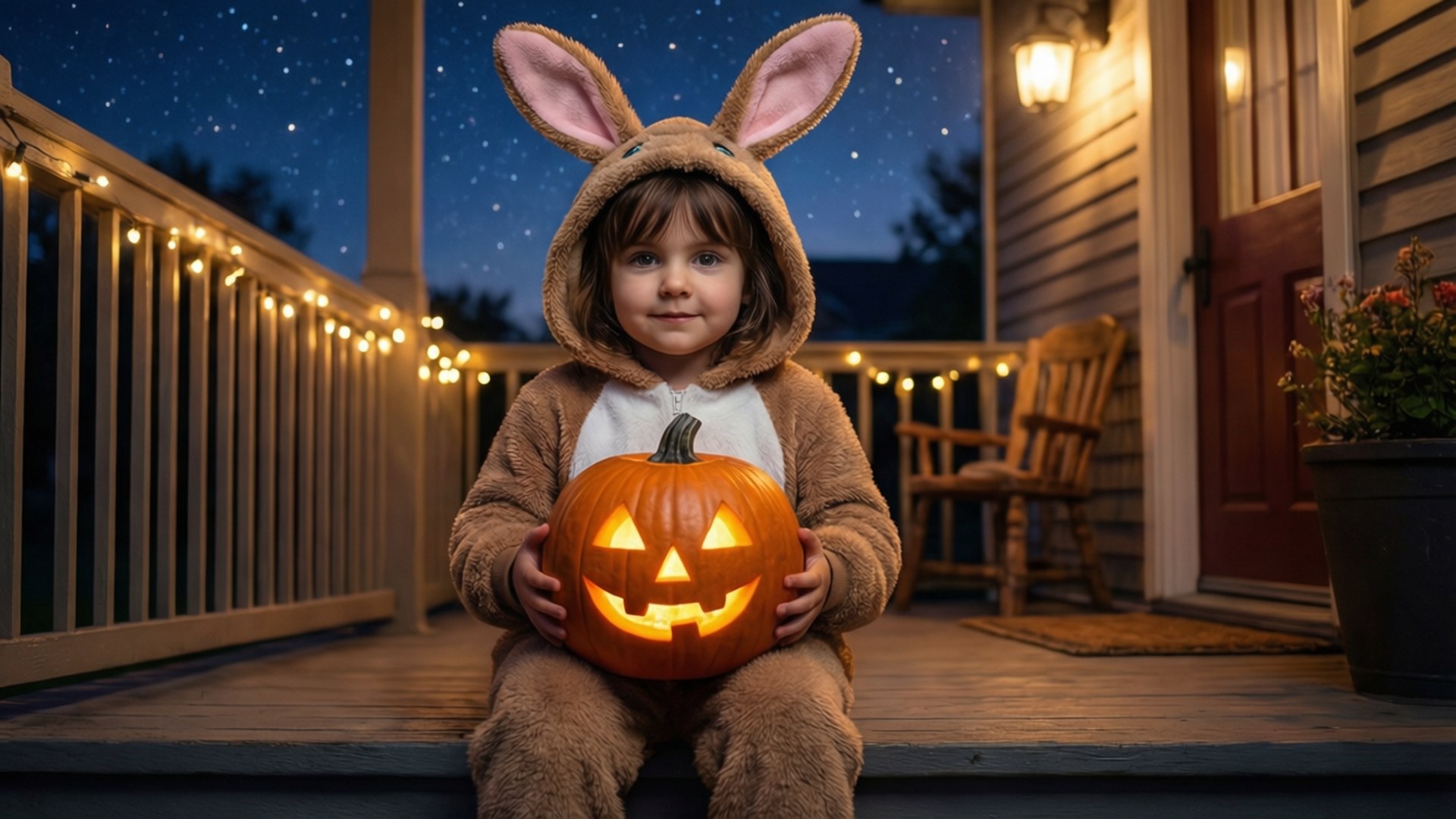 Bộ Đồ Liền Thỏ và Đèn Lồng Bí Ngô Hình nền