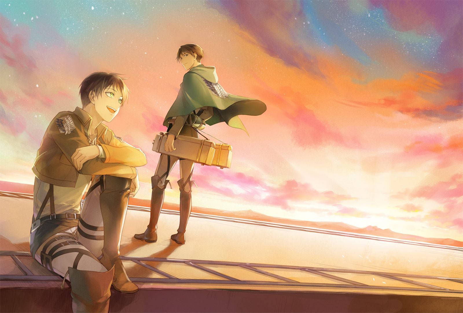 Eren và Levi đi chơi trên đỉnh tường trong hình nền thẩm mỹ Attack On Titan.