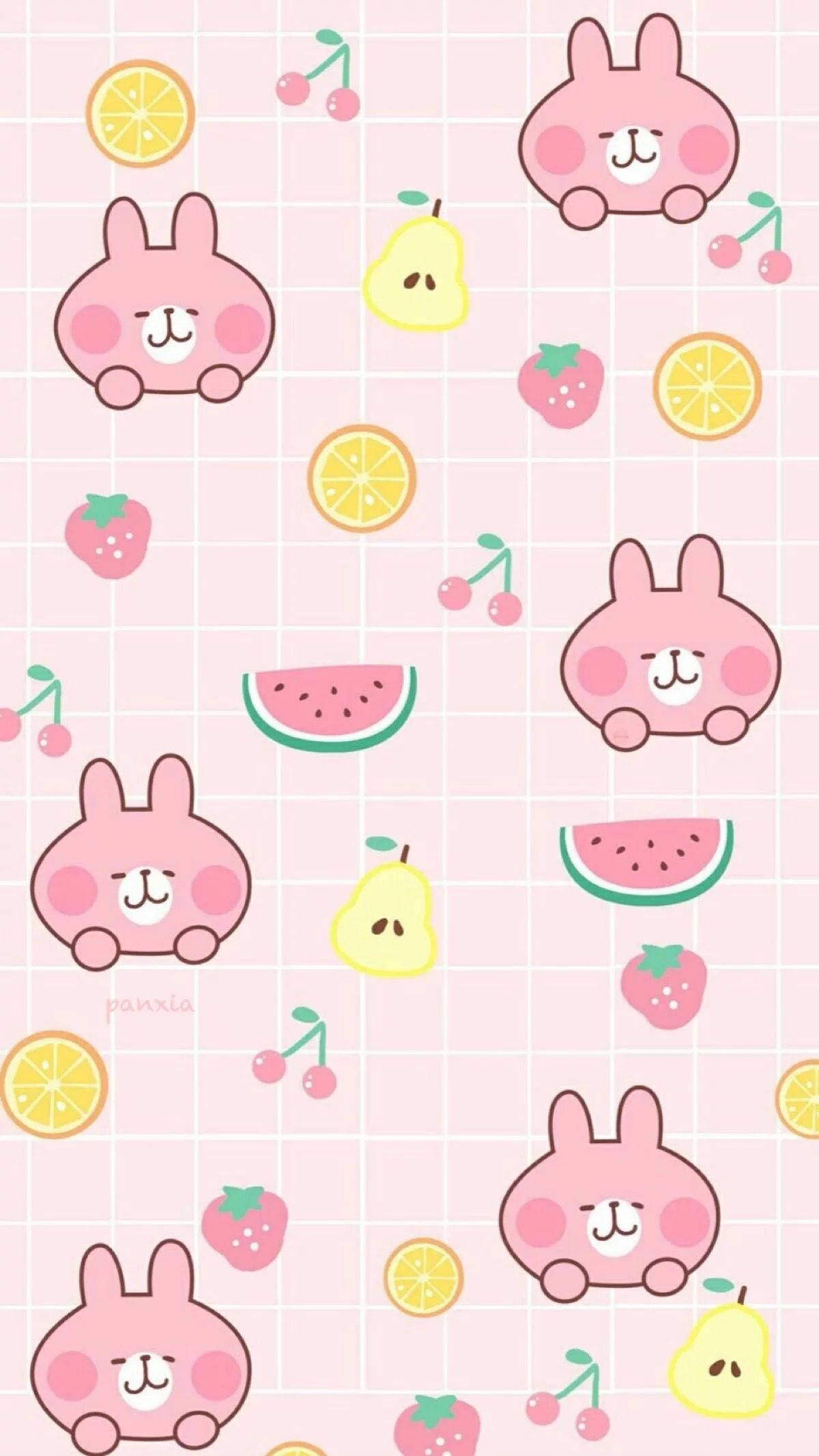 Bộ sưu tập thỏ hồng kawaii và các loại trái cây Hình nền