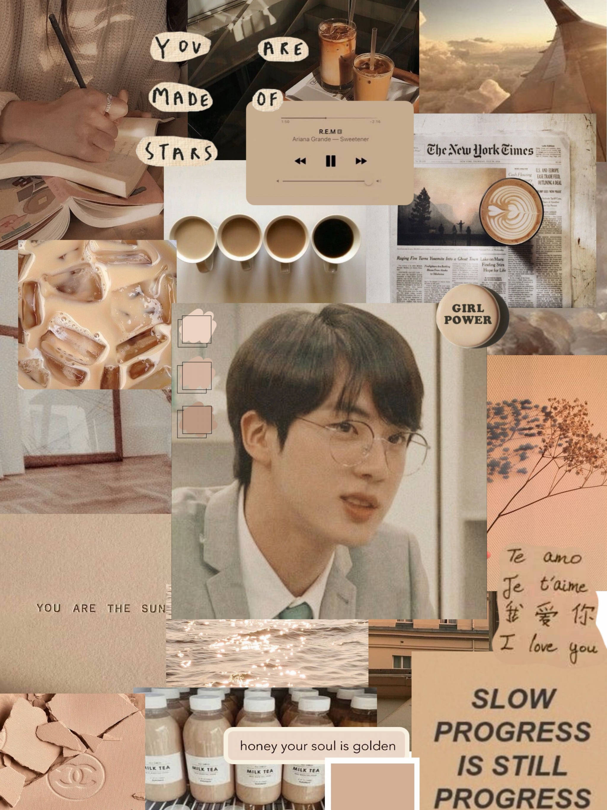 BTS Jin nền be nâu thẩm mỹ Hình nền
