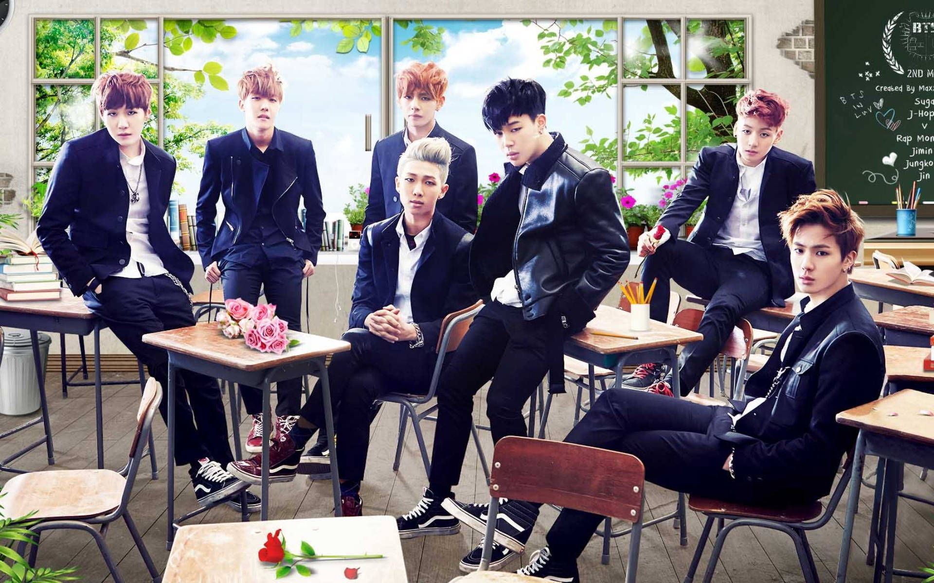 BTS nhóm chụp ảnh trong lớp học Hình nền
