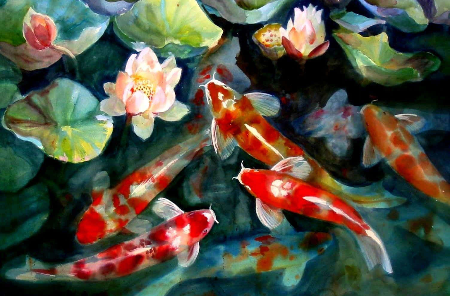 Cá Koi Sống Màu Cam và Hoa Sen Hình nền
