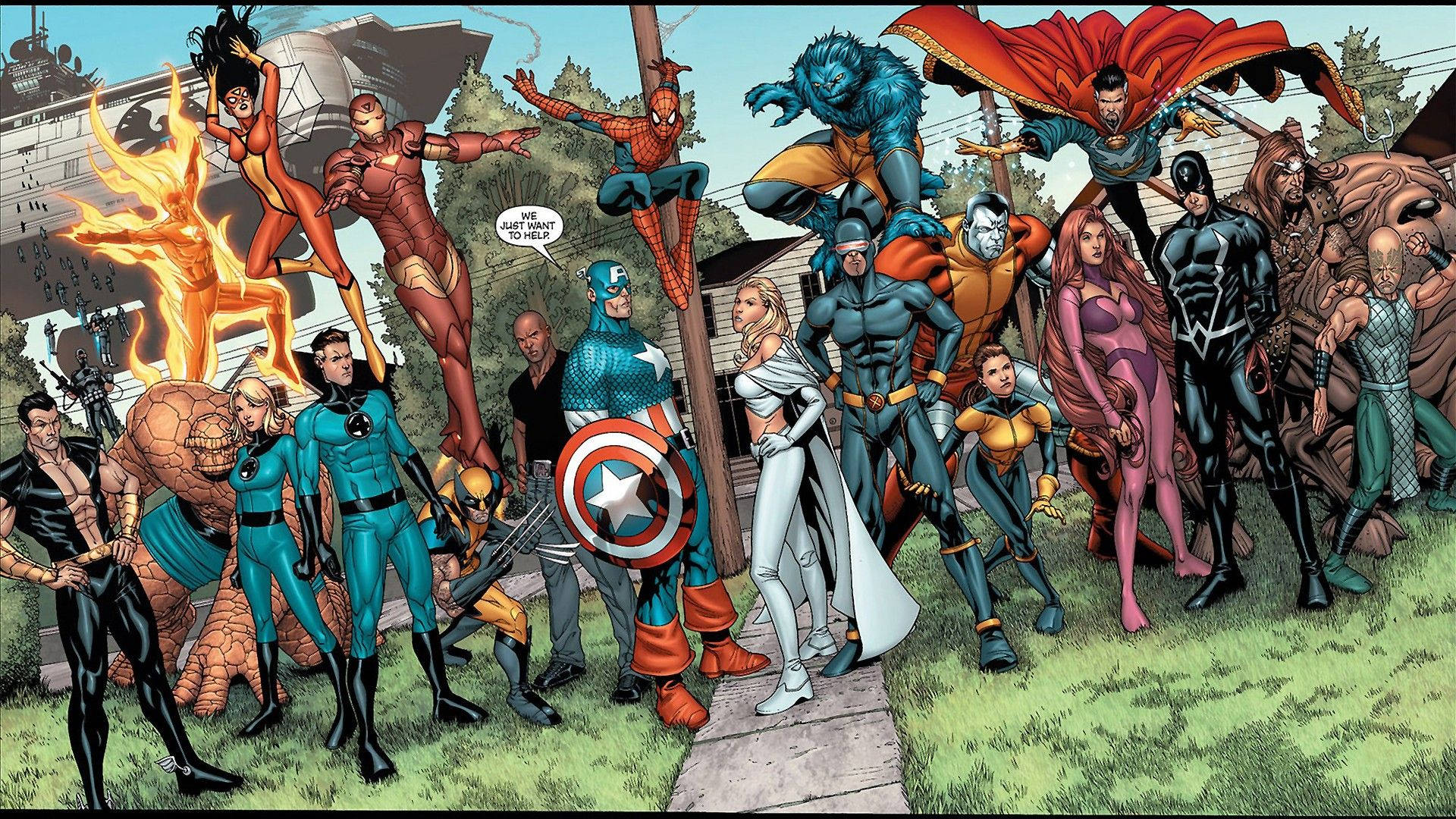 Các nhân vật siêu anh hùng Marvel trong cùng một nền.