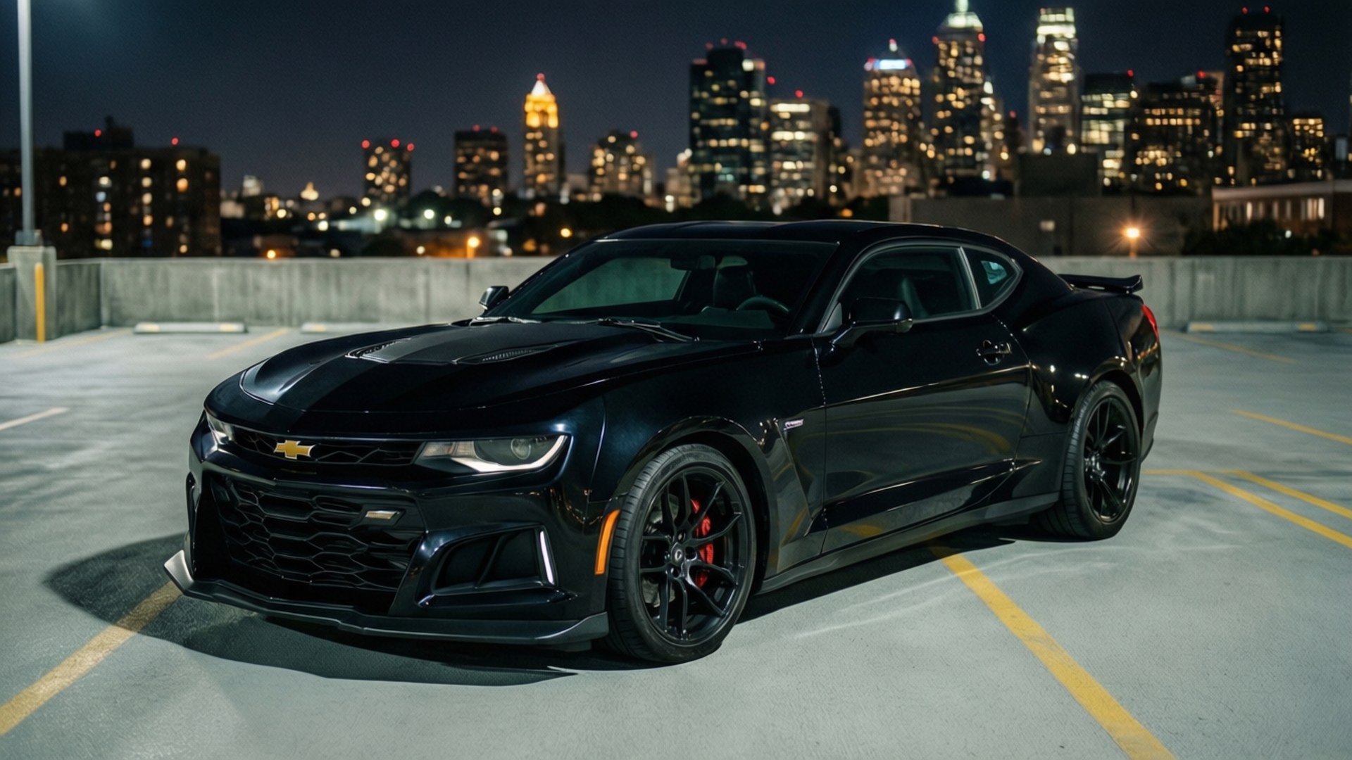 Một chiếc Camaro ZL1 màu đen đỗ trên bãi đậu xe sân thượng với đường chân trời thành phố về đêm.