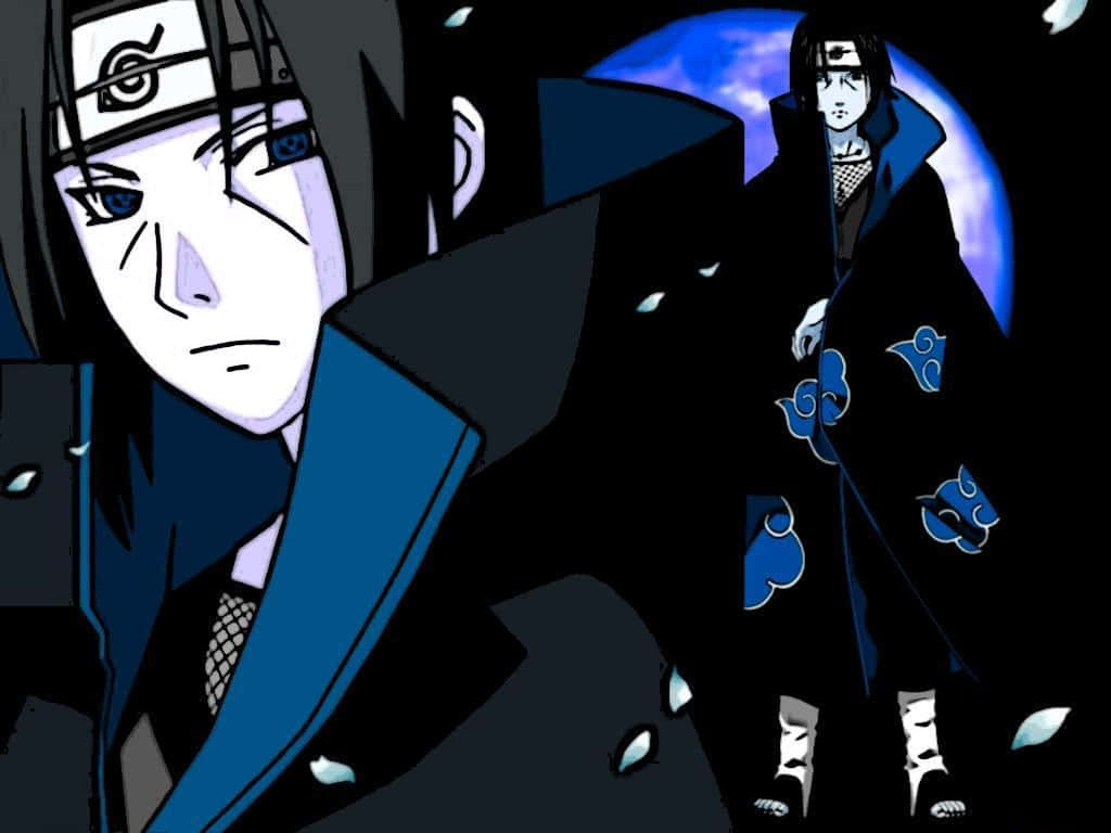 Cận cảnh Itachi đứng với đôi mắt Sharingan xanh và áo mây Akatsuki Hình nền