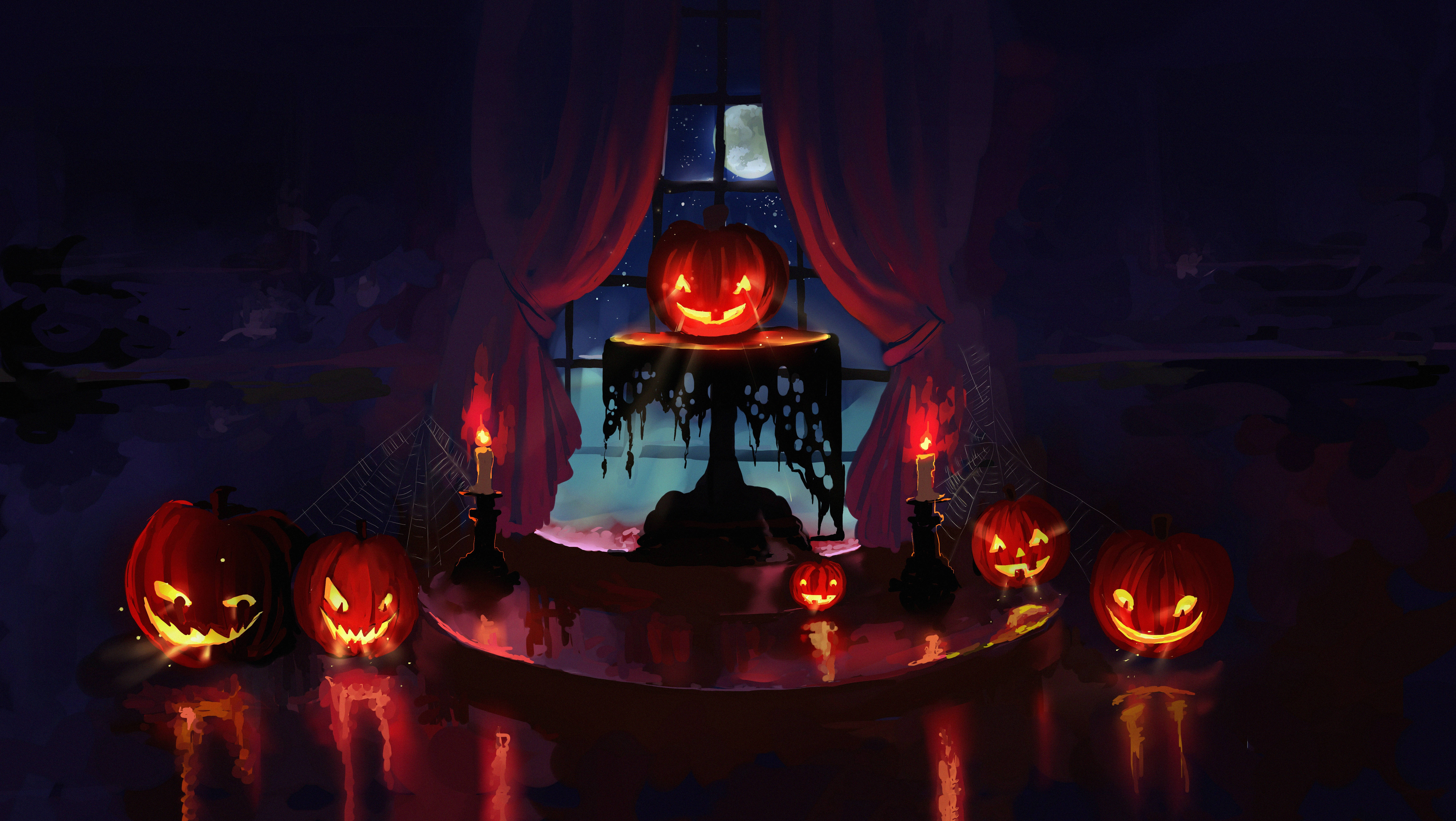 "Cảnh Halloween rùng rợn với bí ngô và nến" Hình nền