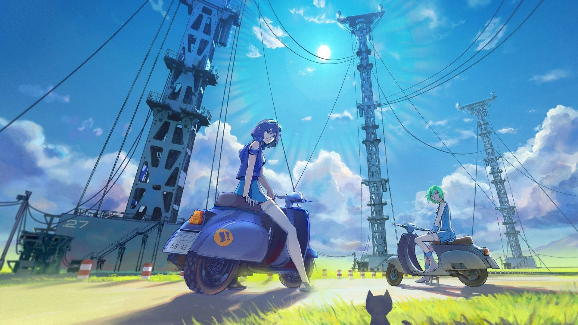 Cảnh quan Anime với Đường dây điện Hình nền