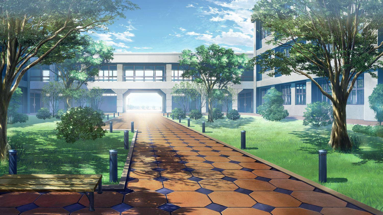 Cảnh quan trường học anime với lối đi lát gạch Hình nền