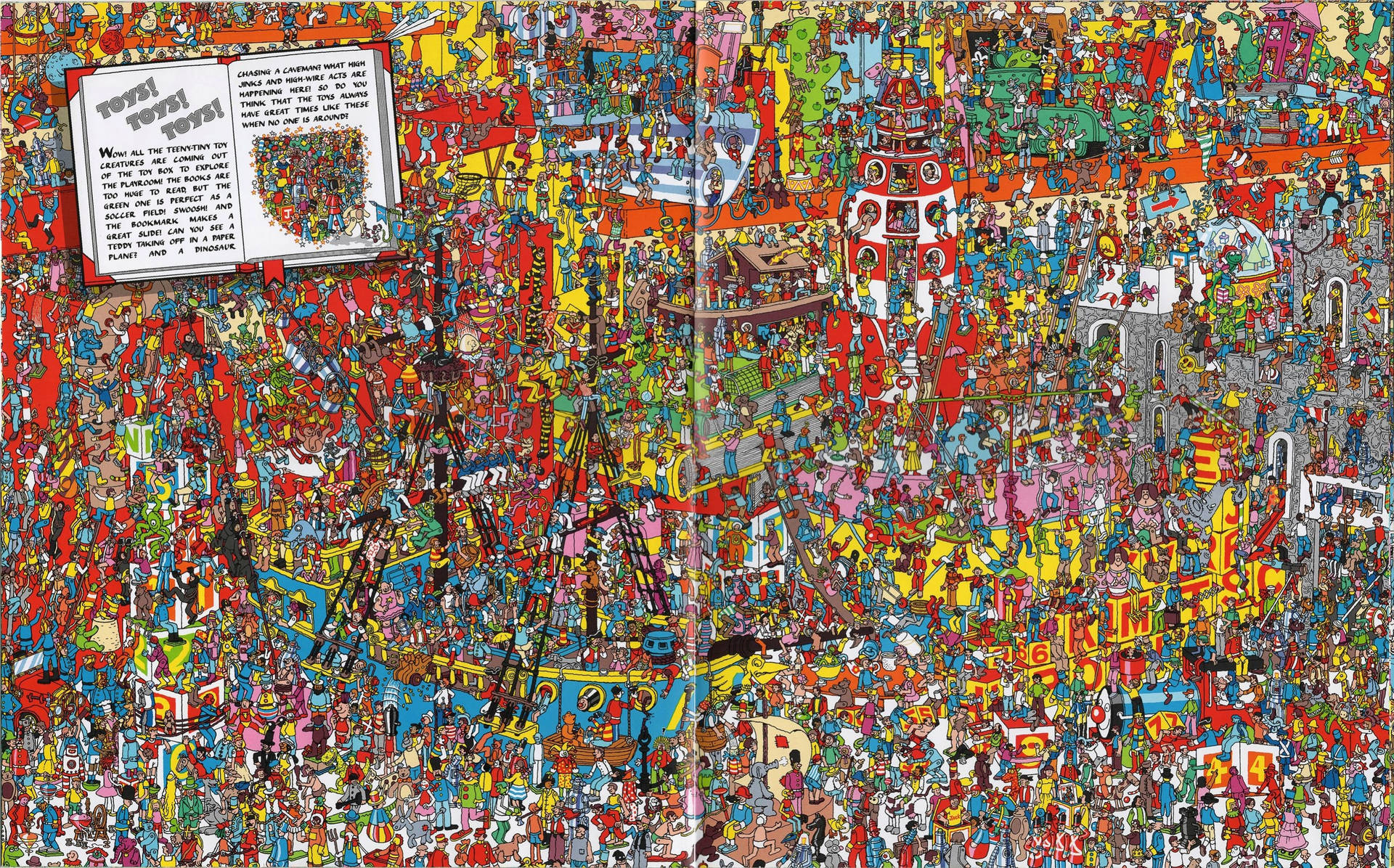Cảnh sống động và hấp dẫn từ Where's Waldo với những sinh vật đồ chơi tí hon, khơi gợi cuộc phiêu lưu tìm kiếm đầy mê hoặc.
