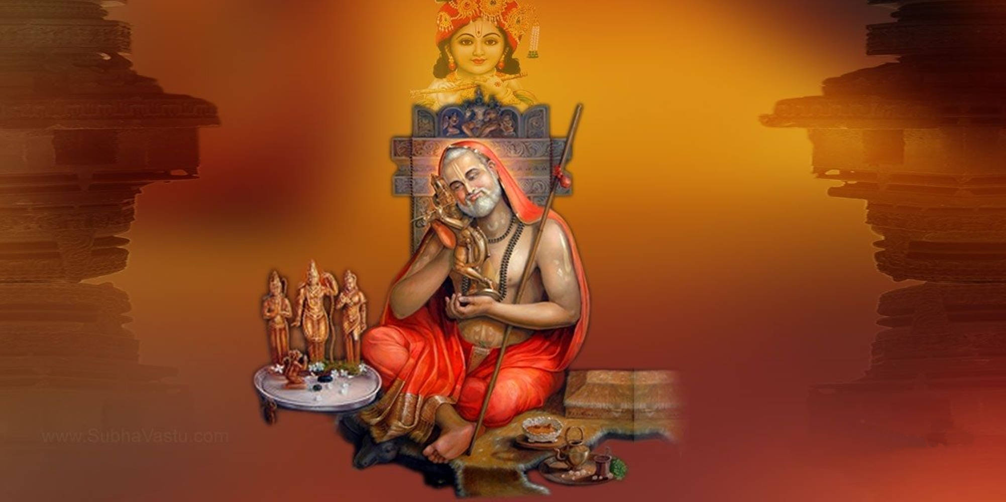 Cảnh Thần Linh Thanh Bình - Chúa Raghavendra Bao Quanh Bởi Các Tượng Thần Ấn Độ Linh Thiêng. Hình nền