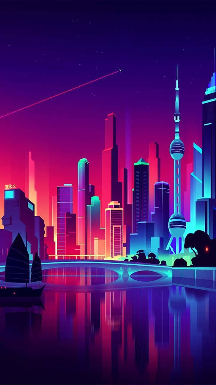 Cảnh thành phố với ánh đèn neon và một chiếc thuyền Hình nền