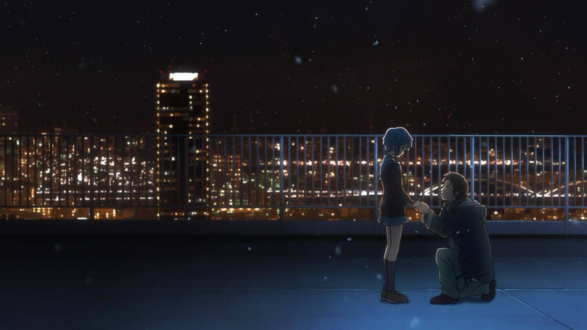 Cảnh trường học anime Yuki Nagato và Kyon trên sân thượng ban đêm Hình nền