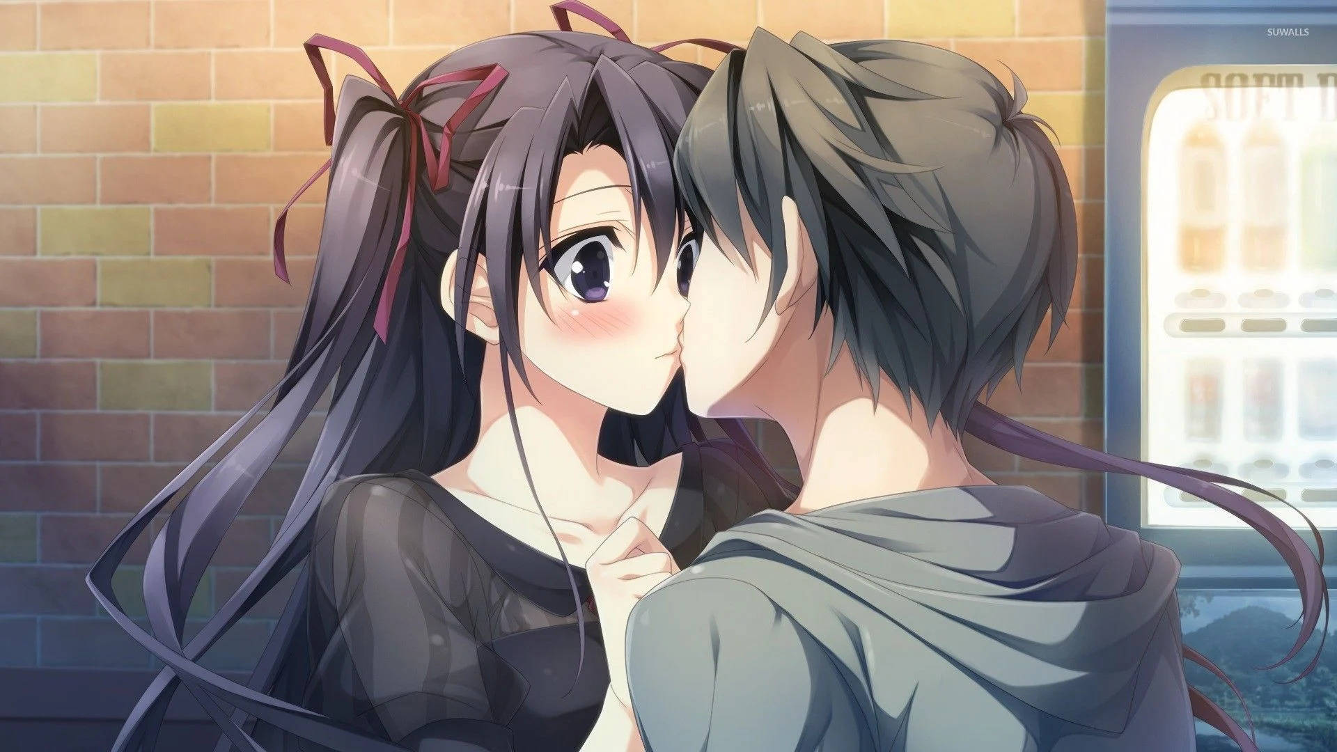 Cặp đôi anime dễ thương hôn nhau dựa tường gạch Hình nền