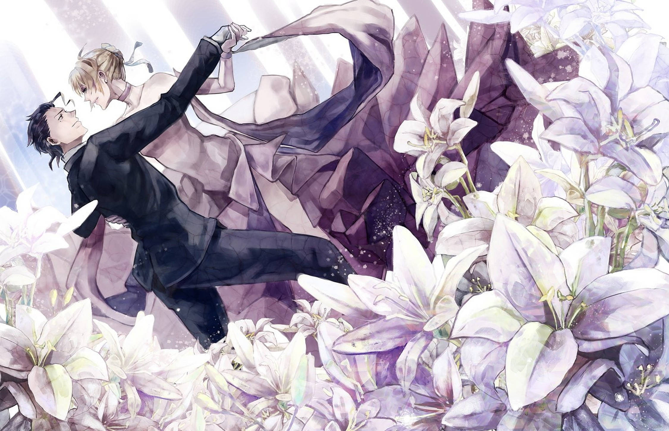 Cặp Đôi Anime Khiêu Vũ Cùng Hoa Loa Kèn Hình nền
