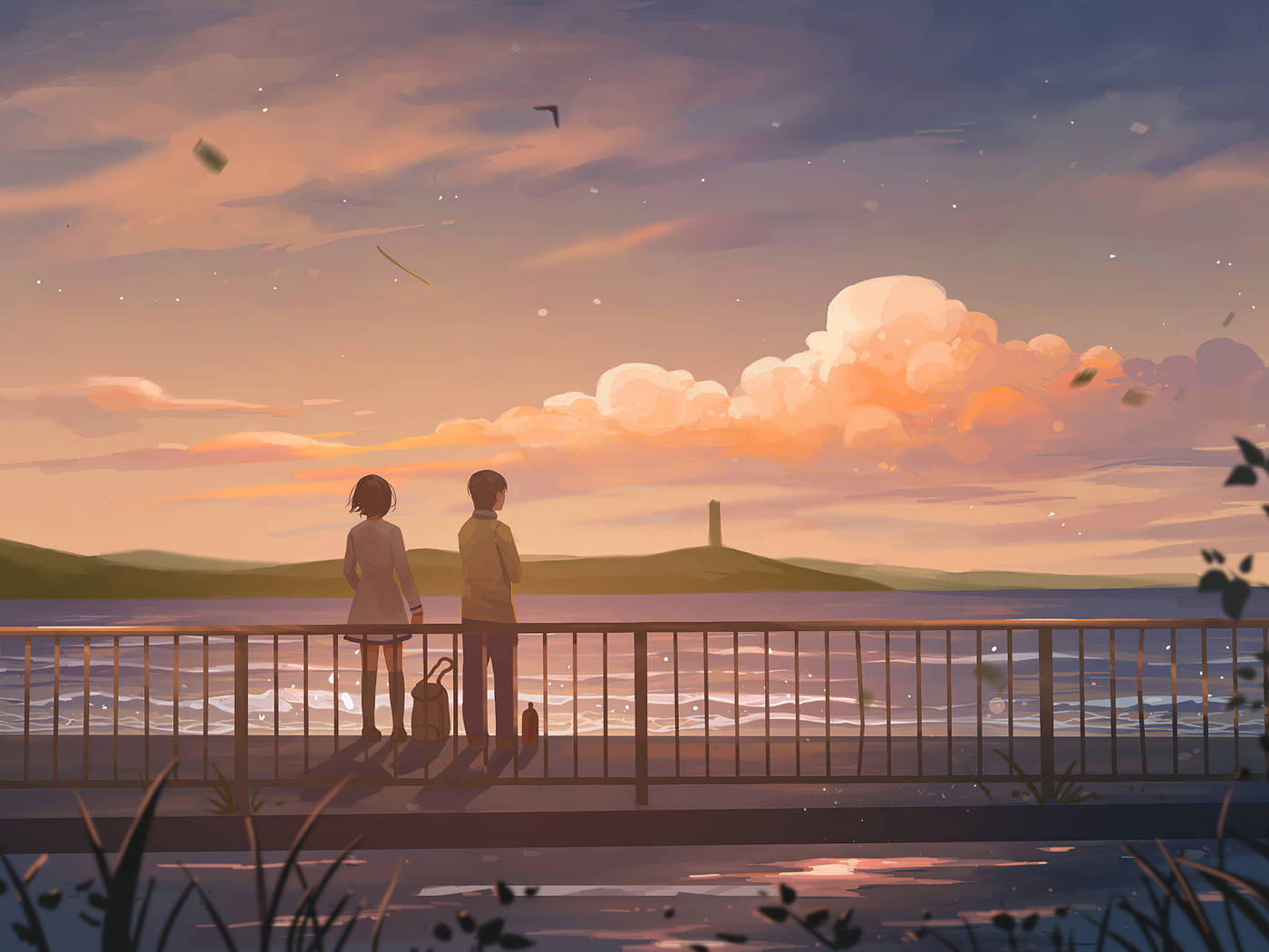 Cặp đôi anime lãng mạn ngắm hoàng hôn Hình nền