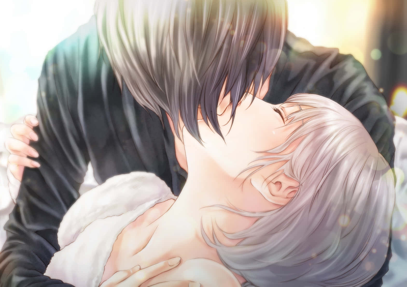 Cặp đôi anime lãng mạn thân mật đang hôn Hình nền