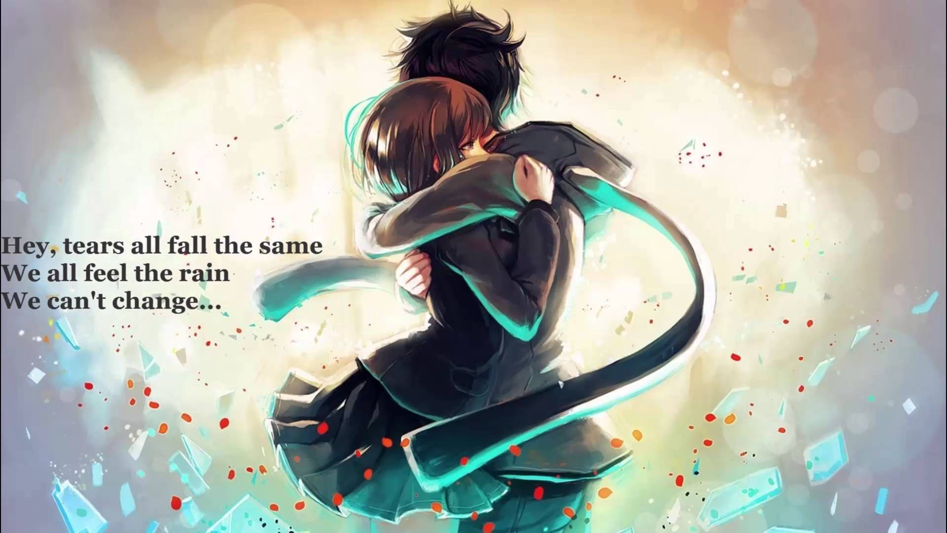 Cặp đôi Anime ôm nhau kèm câu trích dẫn Hình nền