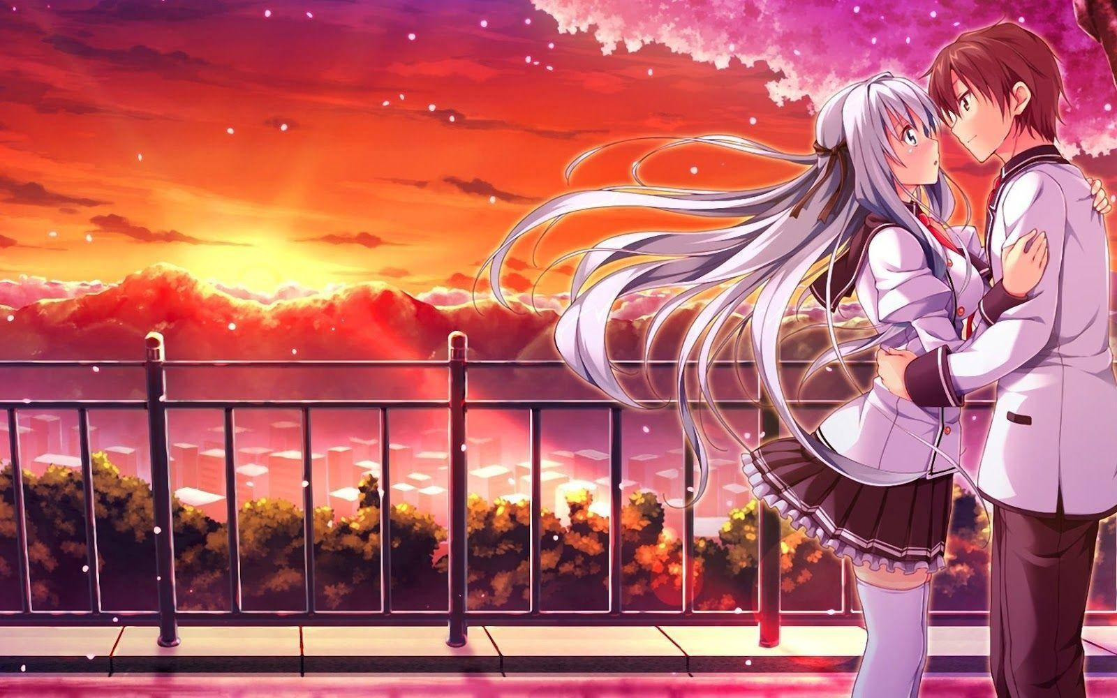 Cặp đôi anime ôm nhau lúc hoàng hôn Hình nền