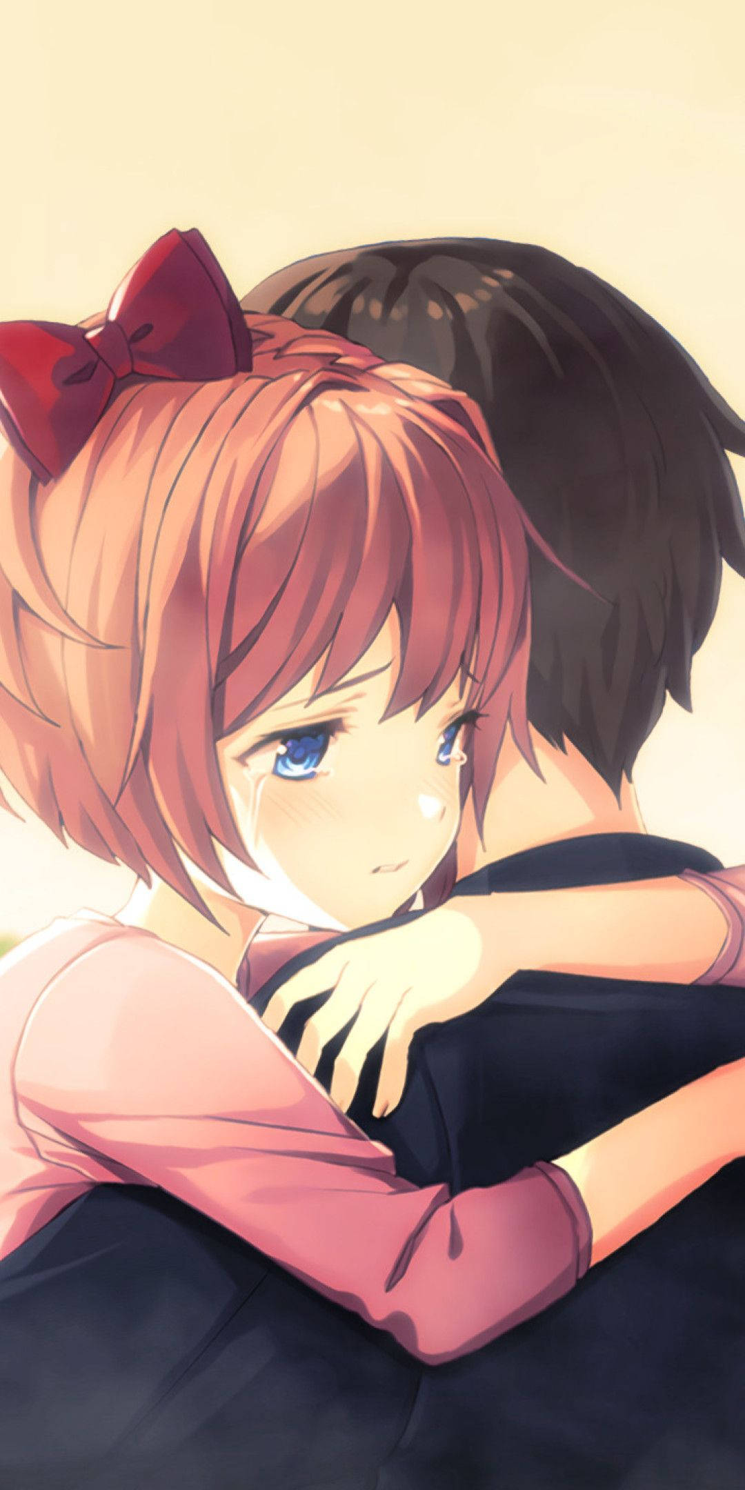 Cặp đôi anime ôm nhau với dải ruy băng đỏ Hình nền